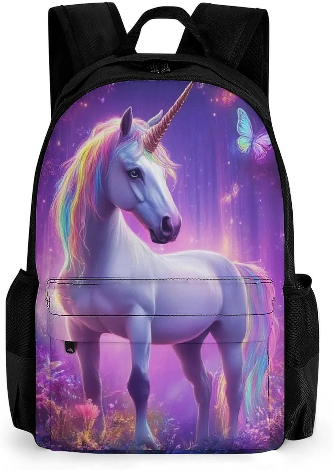 Men Women Lightweight Magical Rainbow Unicorns Butterfly Art Daypack Bookbag Big Capacity Carry On Bag With Side Pockets for Camping Travel Bicycle
