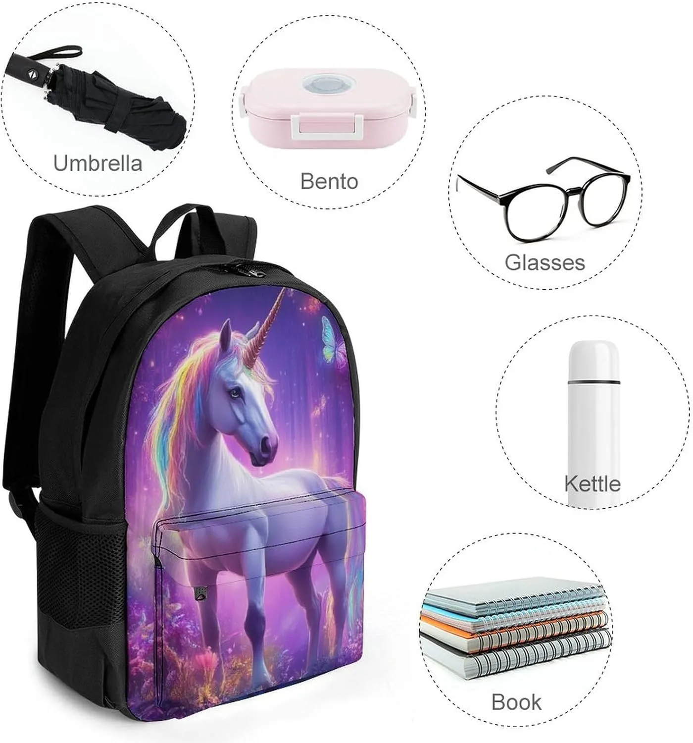 Men Women Lightweight Magical Rainbow Unicorns Butterfly Art Daypack Bookbag Big Capacity Carry On Bag With Side Pockets for Camping Travel Bicycle