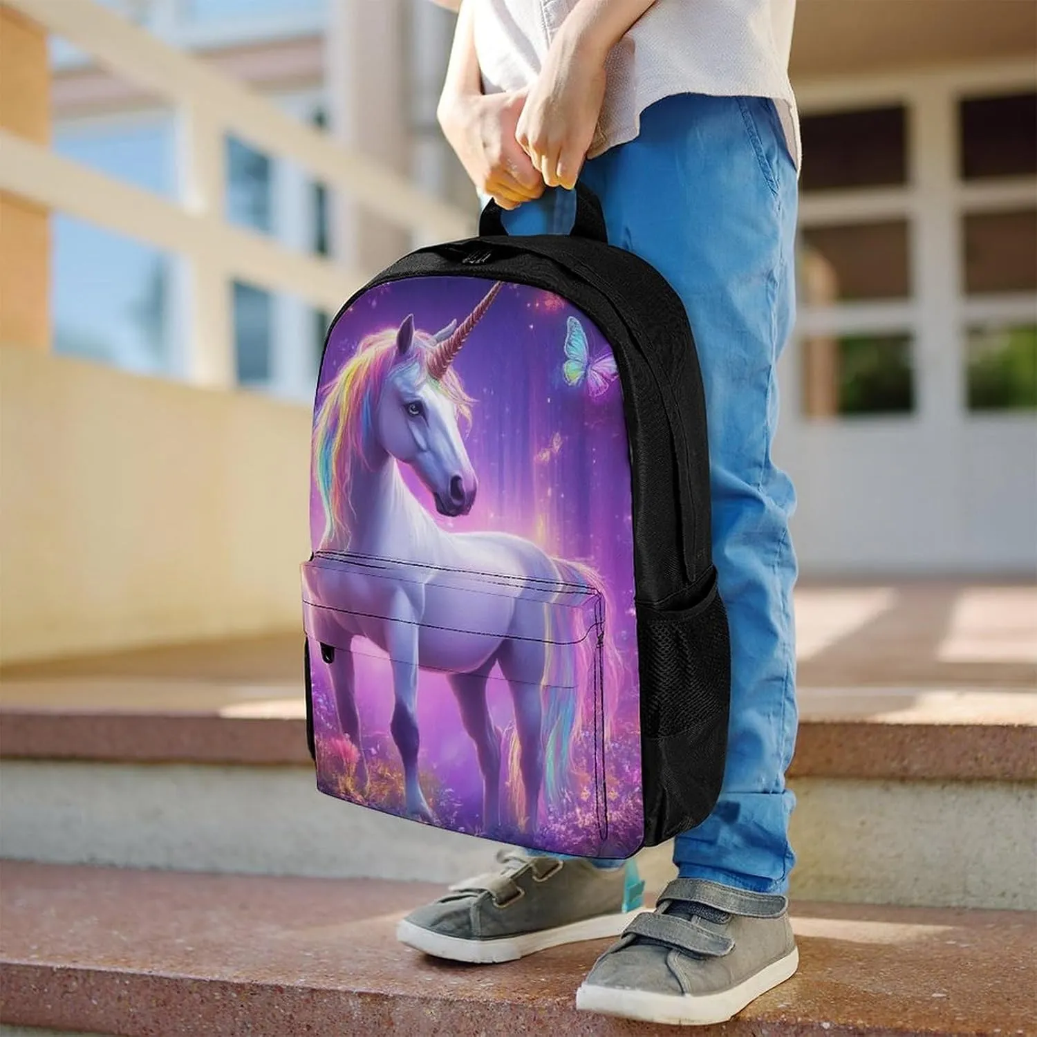 Men Women Lightweight Magical Rainbow Unicorns Butterfly Art Daypack Bookbag Big Capacity Carry On Bag With Side Pockets for Camping Travel Bicycle