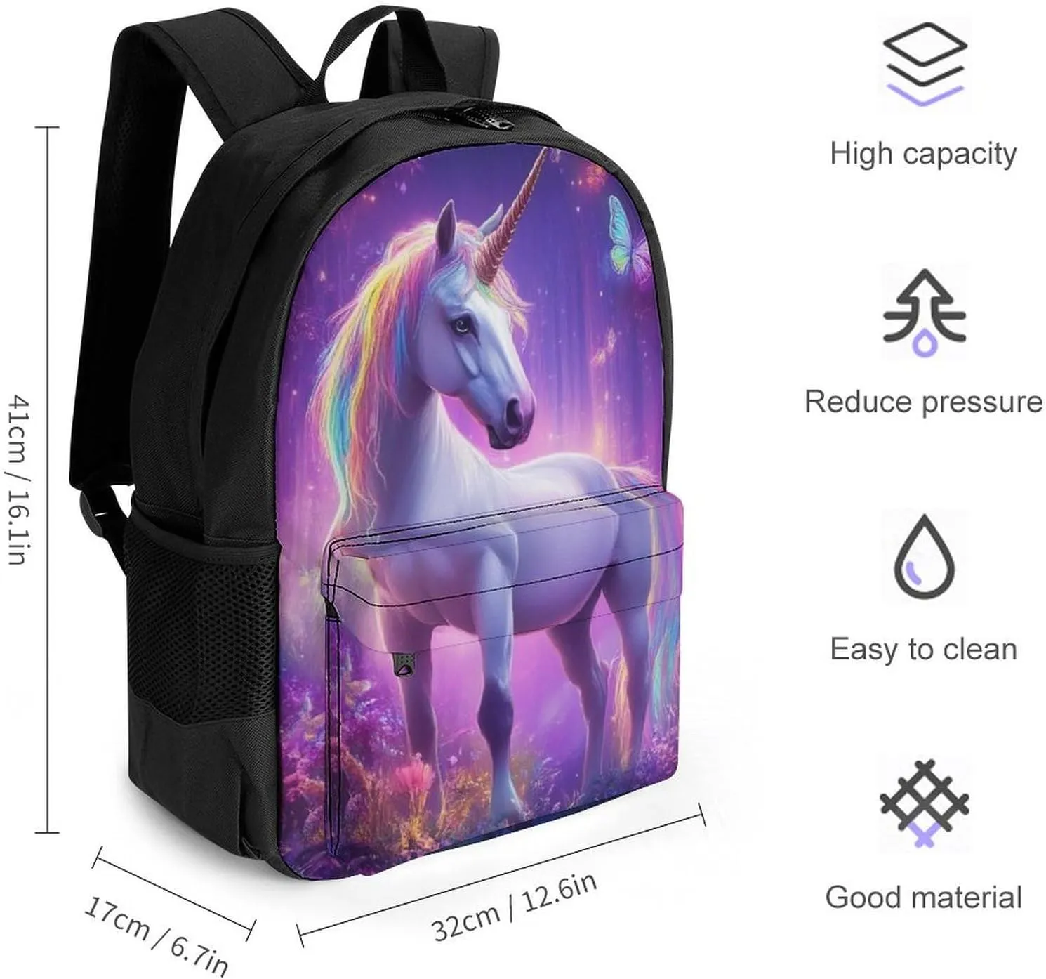 Men Women Lightweight Magical Rainbow Unicorns Butterfly Art Daypack Bookbag Big Capacity Carry On Bag With Side Pockets for Camping Travel Bicycle