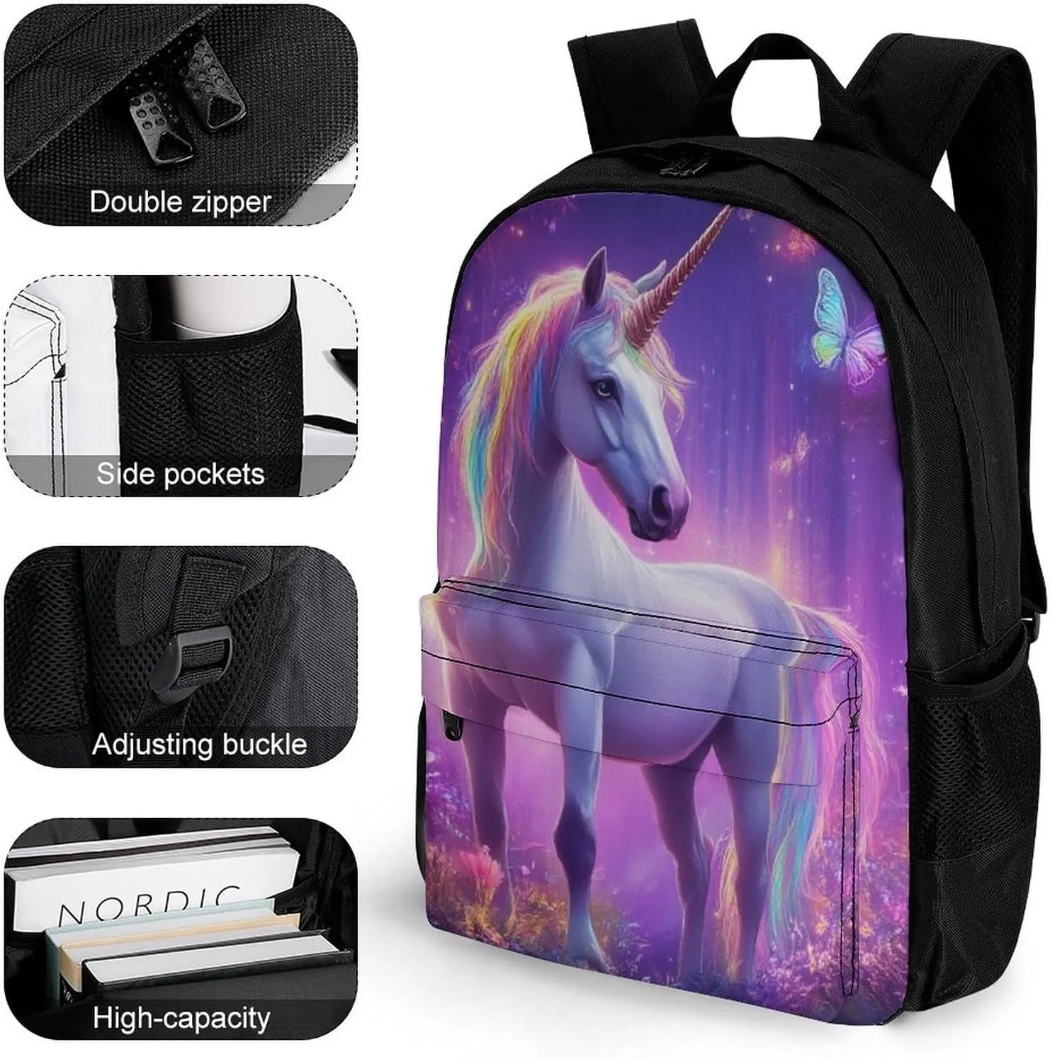 Men Women Lightweight Magical Rainbow Unicorns Butterfly Art Daypack Bookbag Big Capacity Carry On Bag With Side Pockets for Camping Travel Bicycle