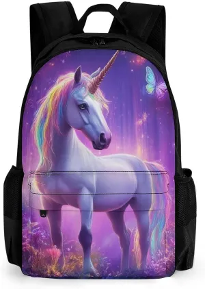 Men Women Lightweight Magical Rainbow Unicorns Butterfly Art Daypack Bookbag Big Capacity Carry On Bag With Side Pockets for Camping Travel Bicycle