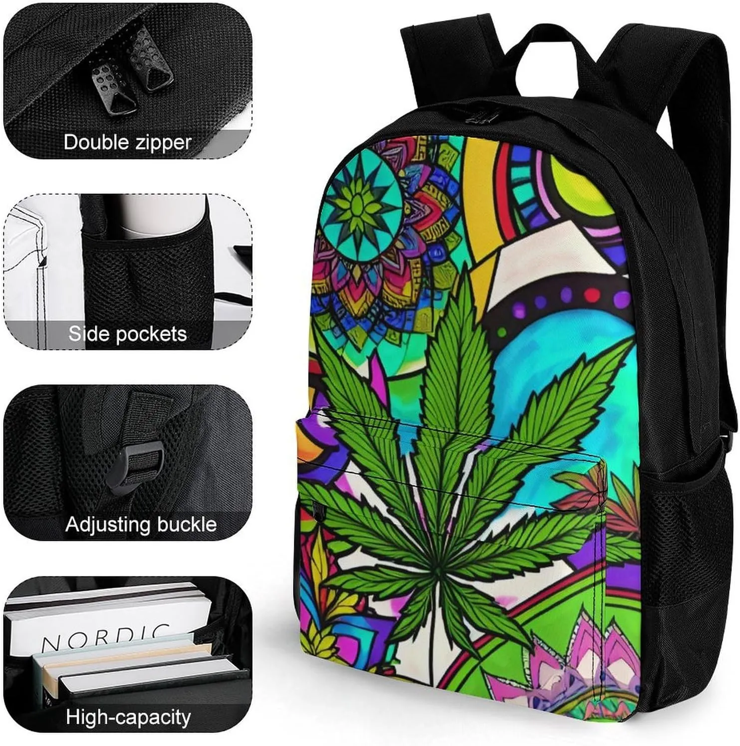 Men Women Lightweight Marijuanaweed Mandala Colorful Art Backpack Large Capacity Bookbag With Smooth Zippers for Gym Business Running