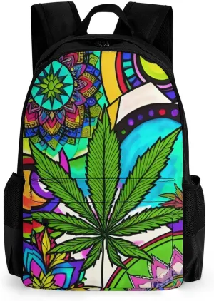 Men Women Lightweight Marijuanaweed Mandala Colorful Art Backpack Large Capacity Bookbag With Smooth Zippers for Gym Business Running