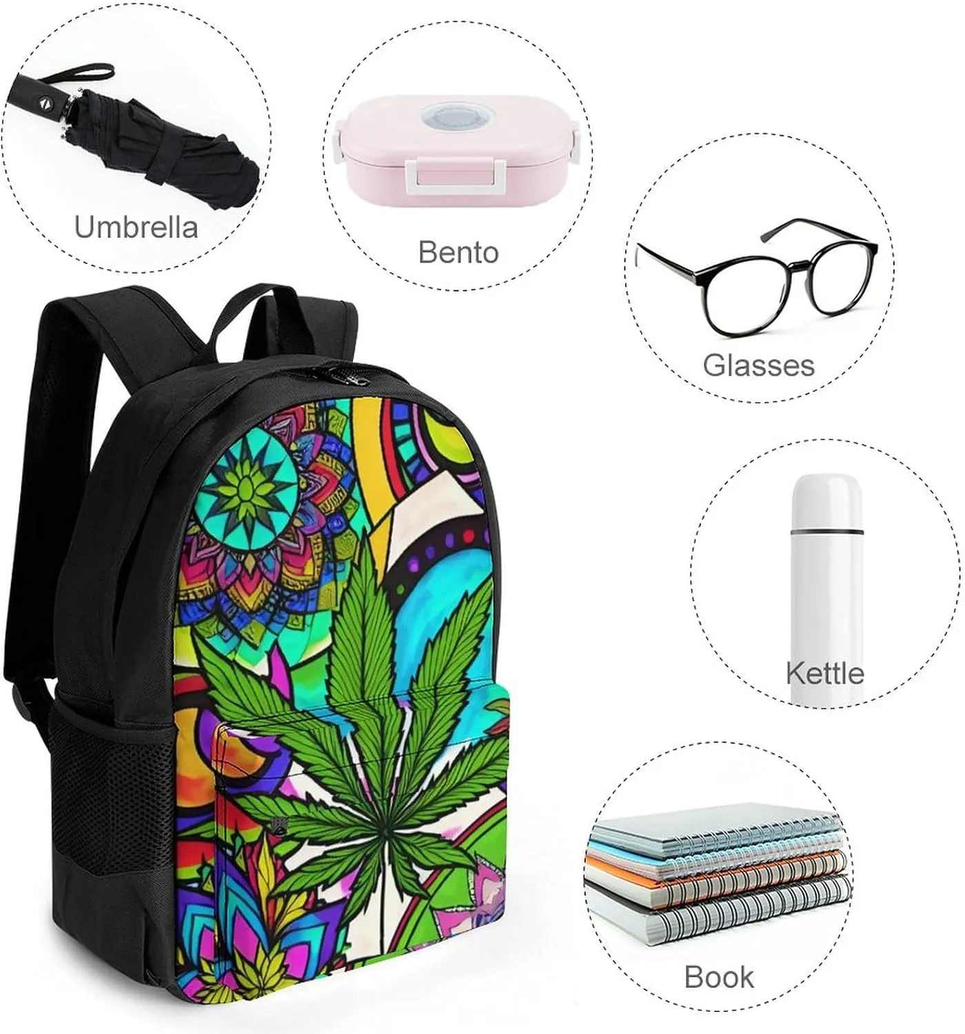 Men Women Lightweight Marijuanaweed Mandala Colorful Art Backpack Large Capacity Bookbag With Smooth Zippers for Gym Business Running
