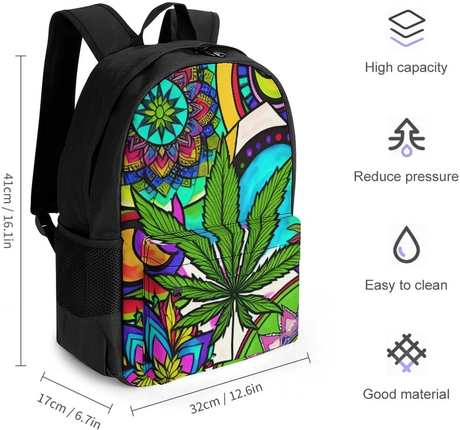 Men Women Lightweight Marijuanaweed Mandala Colorful Art Backpack Large Capacity Bookbag With Smooth Zippers for Gym Business Running