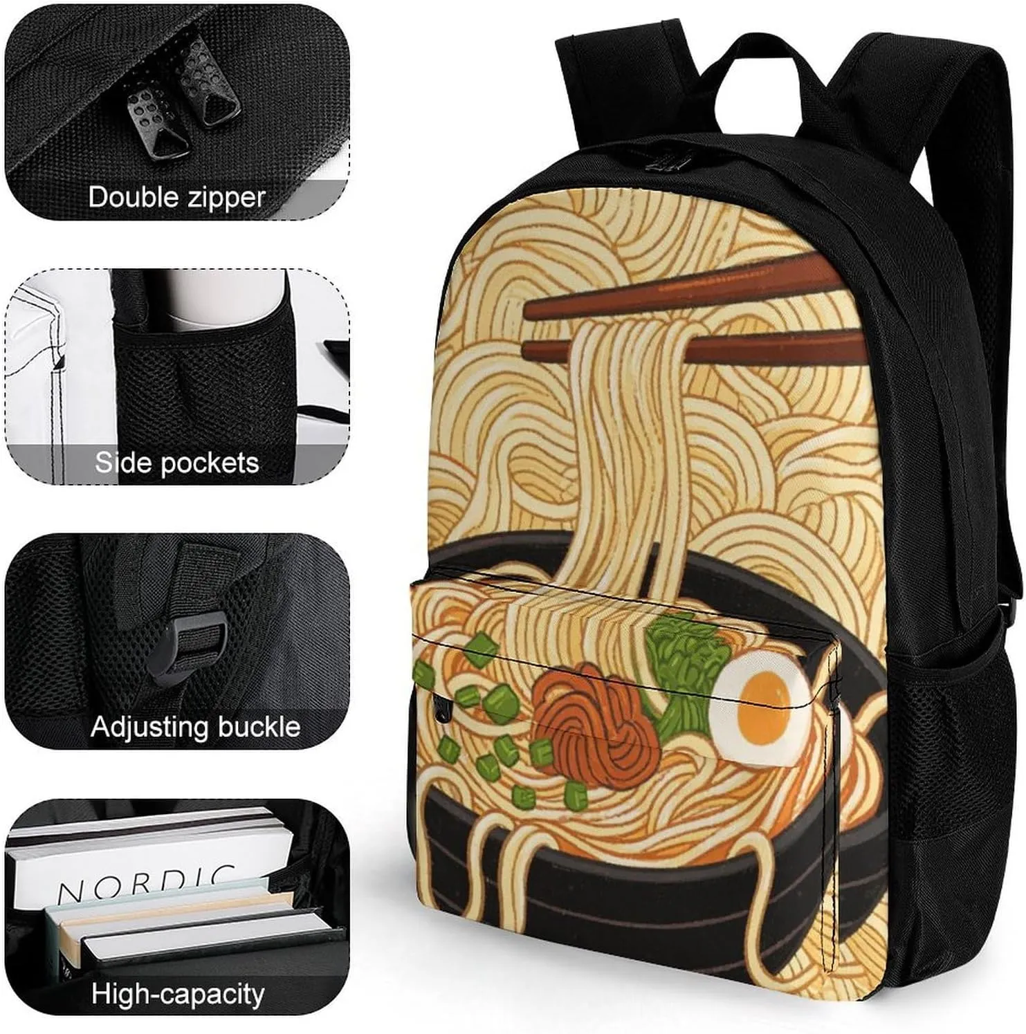 Men Women Lightweight Ramen Noodles Texture Art Daypack Bookbag Big Capacity Carry On Bag With Side Pockets for Camping Travel Bicycle
