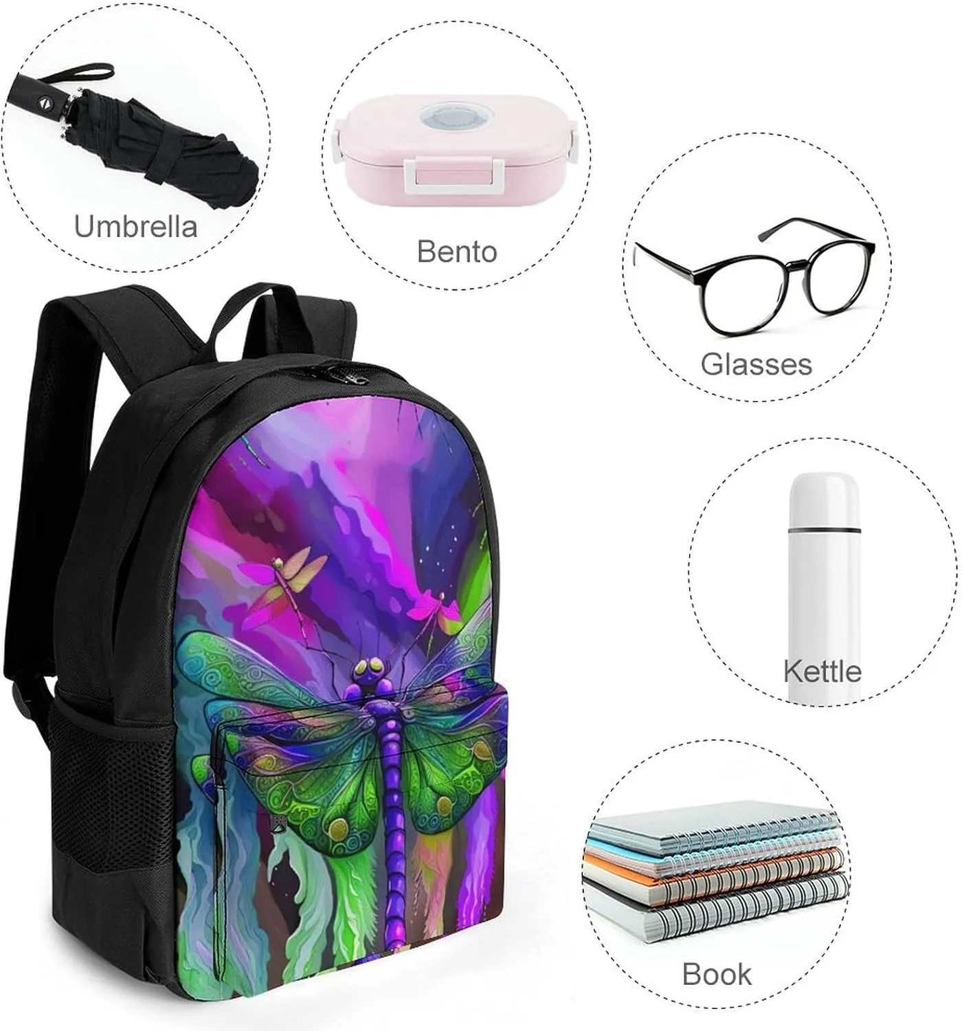 Men Women Polyester A Vibrant Dragonfly Colorful World Art Daypack Backpack Large Capacity Carry On Bag With Smooth Zippers for Hiking Picnic Walking Cycling