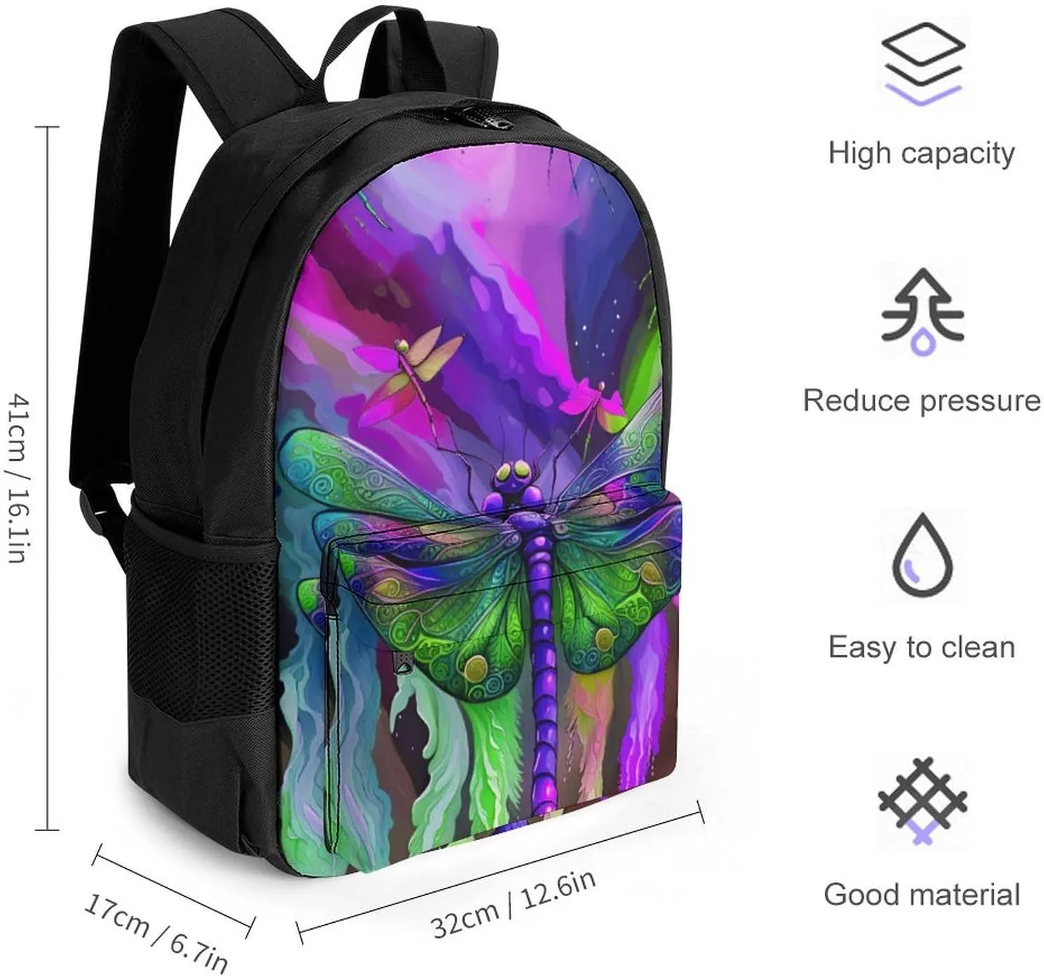 Men Women Polyester A Vibrant Dragonfly Colorful World Art Daypack Backpack Large Capacity Carry On Bag With Smooth Zippers for Hiking Picnic Walking Cycling