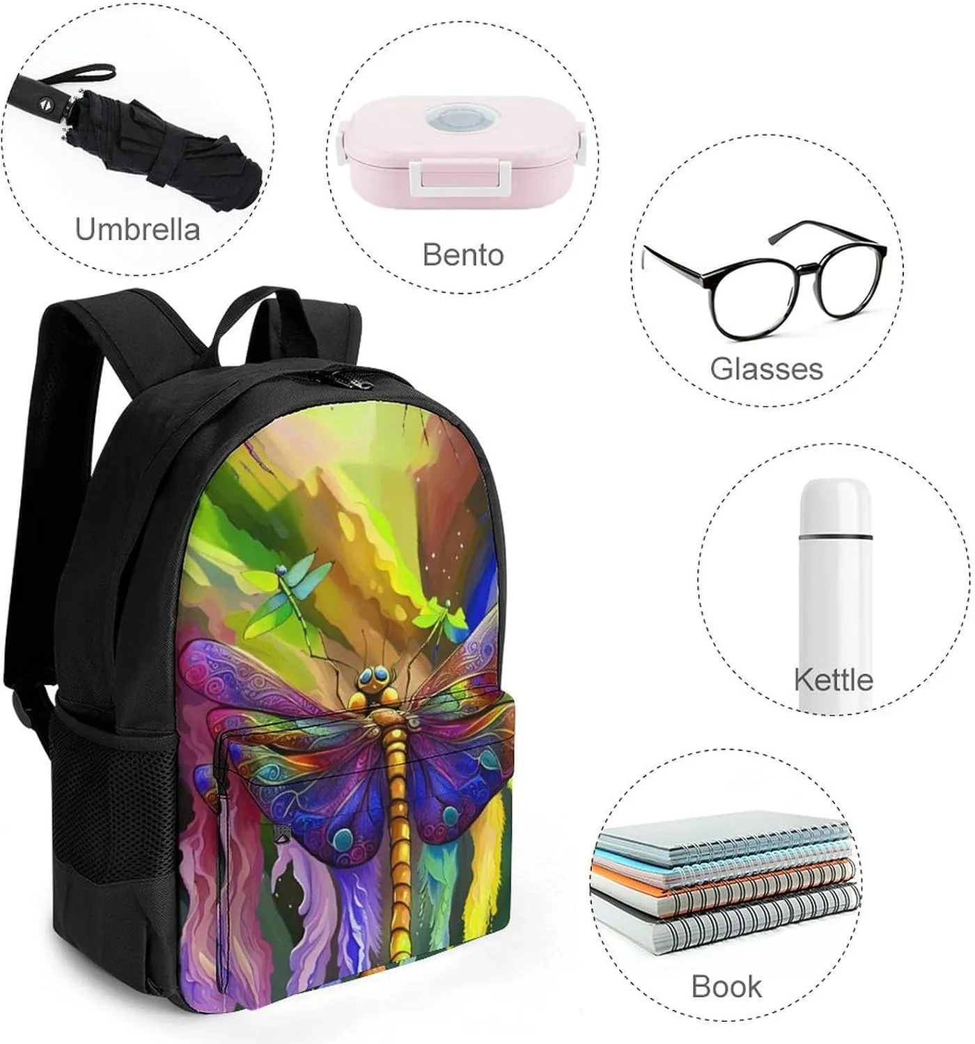 Men Women Polyester A Vibrant Dragonfly Colorful World Art Daypack Big Capacity Shoulder Bag With Smooth Zippers for Hiking Work Walking Cycling