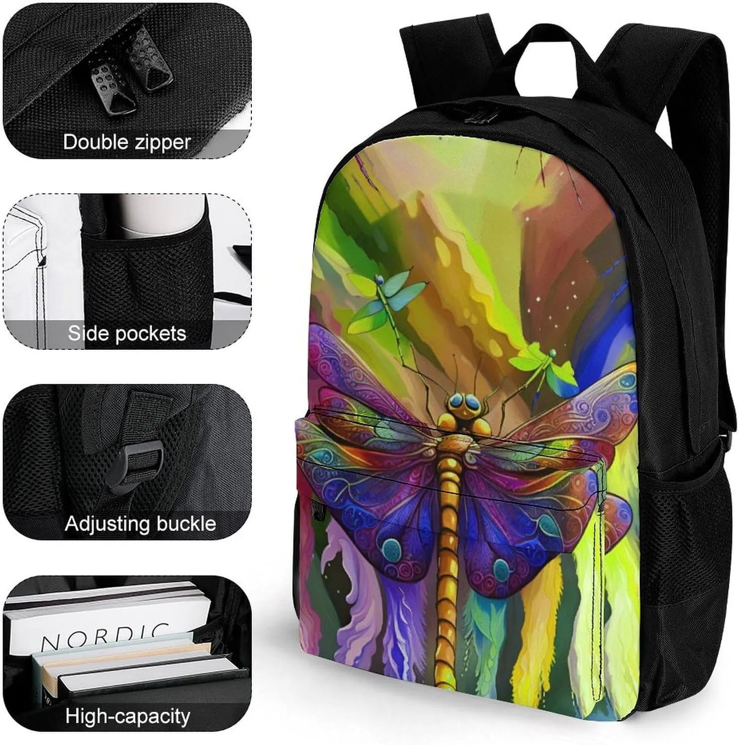 Men Women Polyester A Vibrant Dragonfly Colorful World Art Daypack Big Capacity Shoulder Bag With Smooth Zippers for Hiking Work Walking Cycling