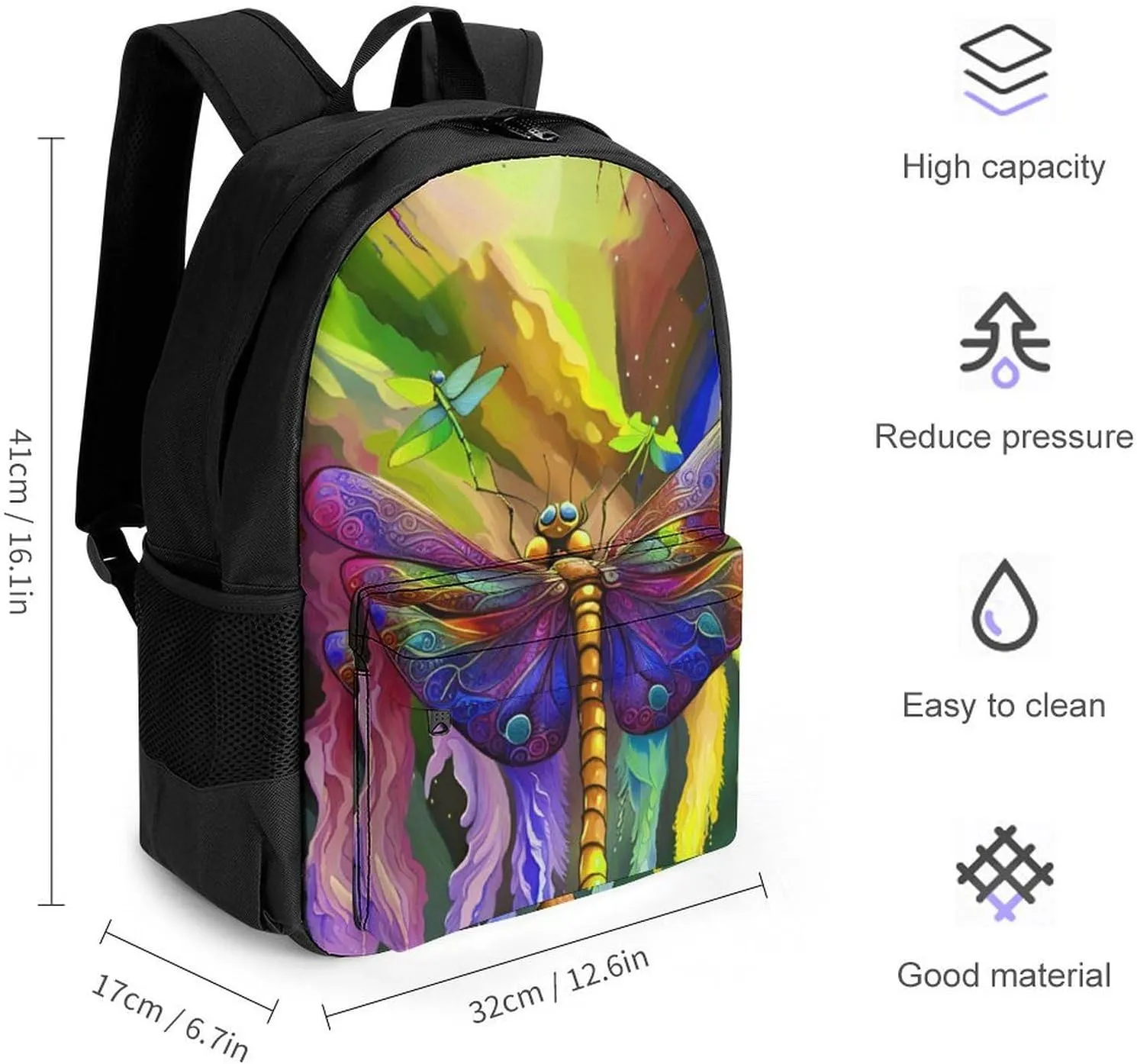 Men Women Polyester A Vibrant Dragonfly Colorful World Art Daypack Big Capacity Shoulder Bag With Smooth Zippers for Hiking Work Walking Cycling