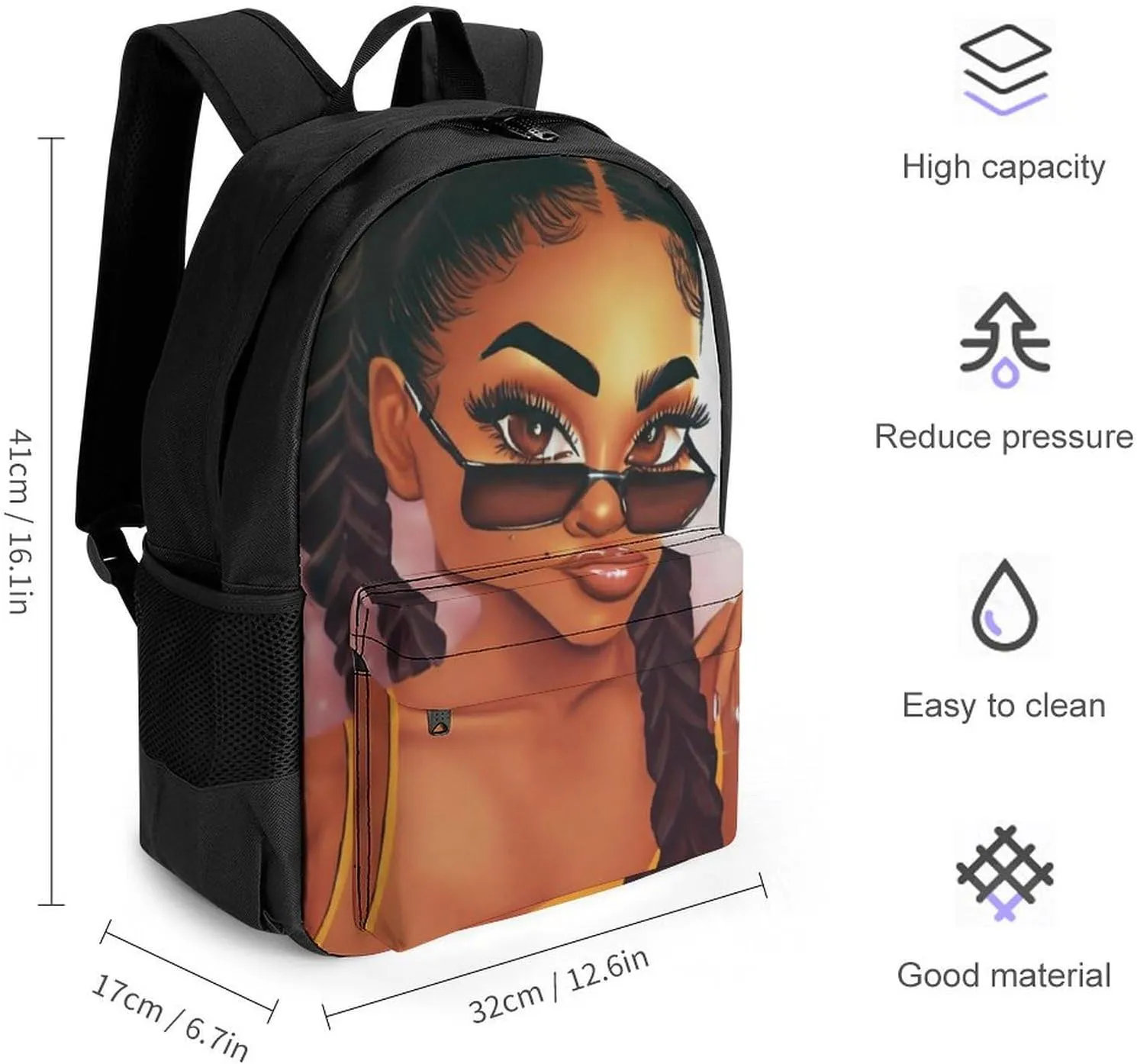 Men Women Polyester Abstract Fashion Black Woman Art African American Women Art Daypack Big Capacity Shoulder Bag With Adjustable Shoulder Straps for Camping Travel Walking Cycling