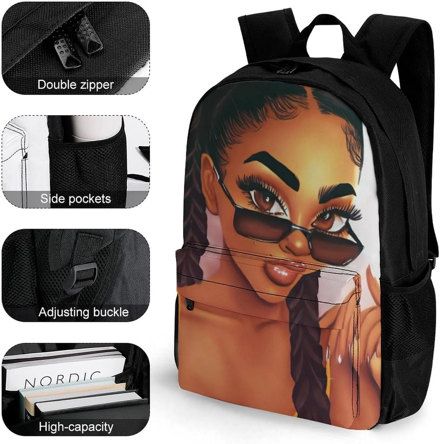 Men Women Polyester Abstract Fashion Black Woman Art African American Women Art Daypack Big Capacity Shoulder Bag With Adjustable Shoulder Straps for Camping Travel Walking Cycling