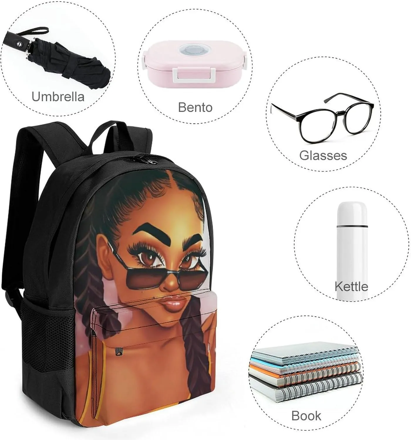 Men Women Polyester Abstract Fashion Black Woman Art African American Women Art Daypack Big Capacity Shoulder Bag With Adjustable Shoulder Straps for Camping Travel Walking Cycling