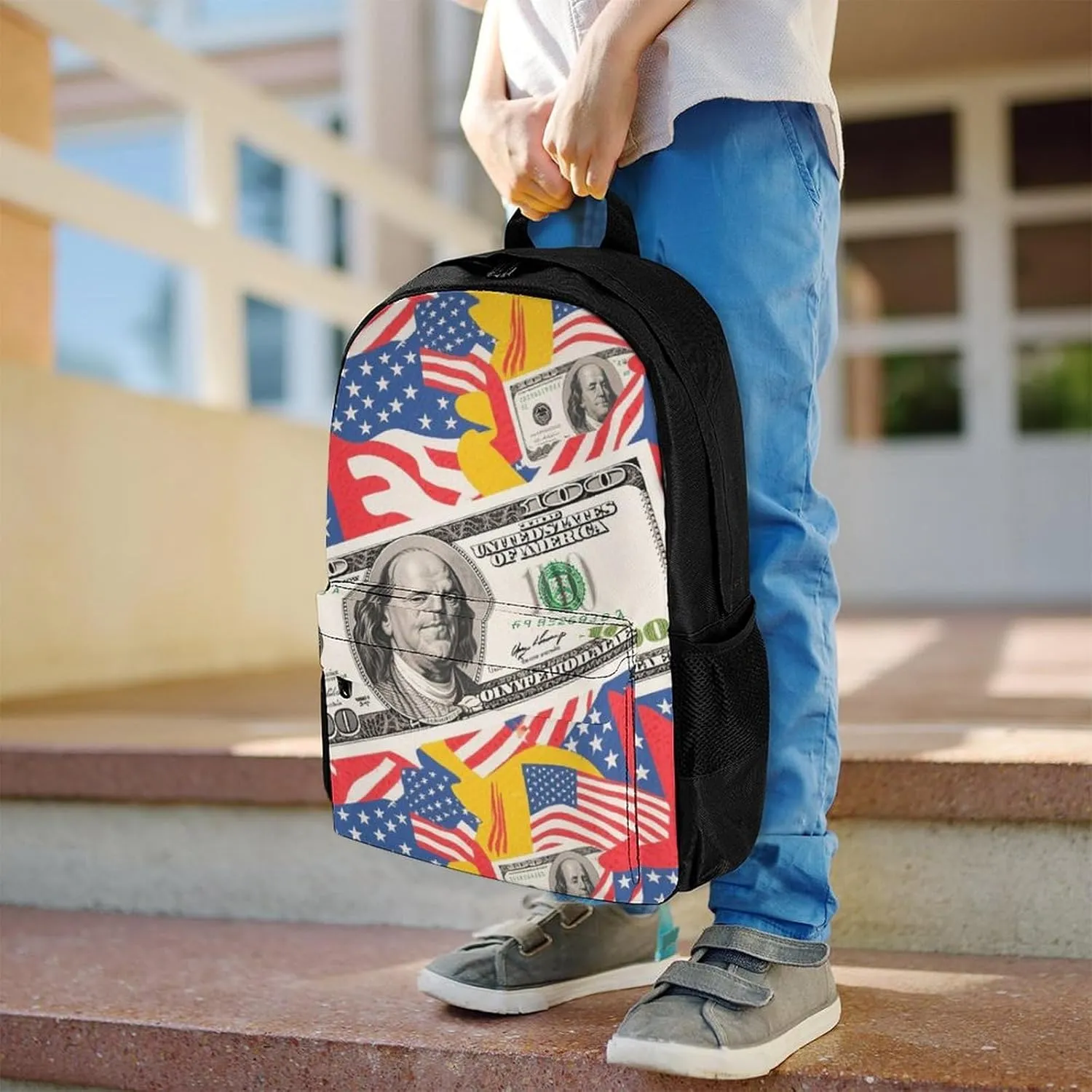 Men Women Polyester American Flag Money Colorful Bill Dollars Art Daypack Big Capacity Shoulder Bag With Adjustable Shoulder Straps for Camping Travel Walking Cycling