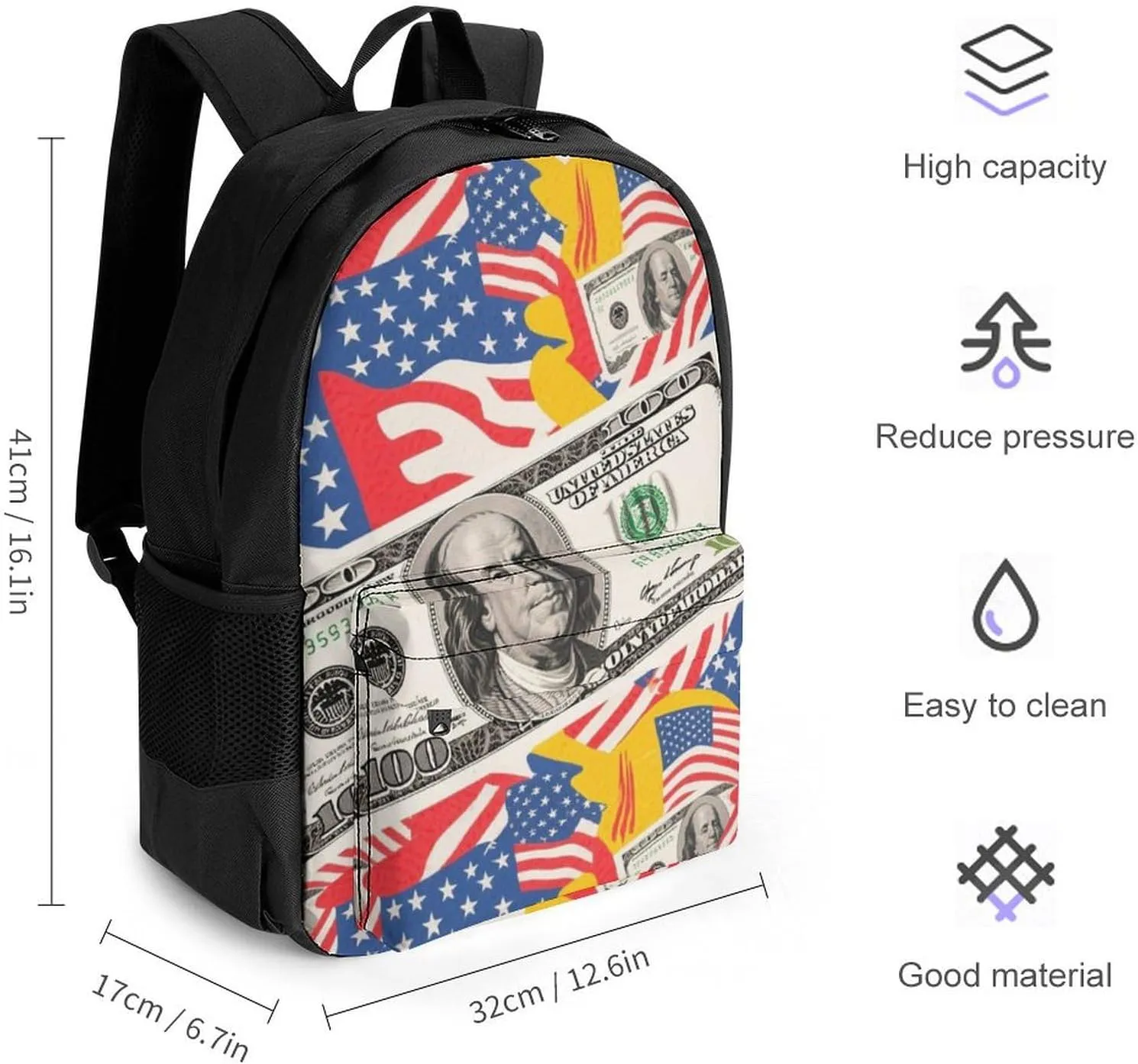 Men Women Polyester American Flag Money Colorful Bill Dollars Art Daypack Big Capacity Shoulder Bag With Adjustable Shoulder Straps for Camping Travel Walking Cycling