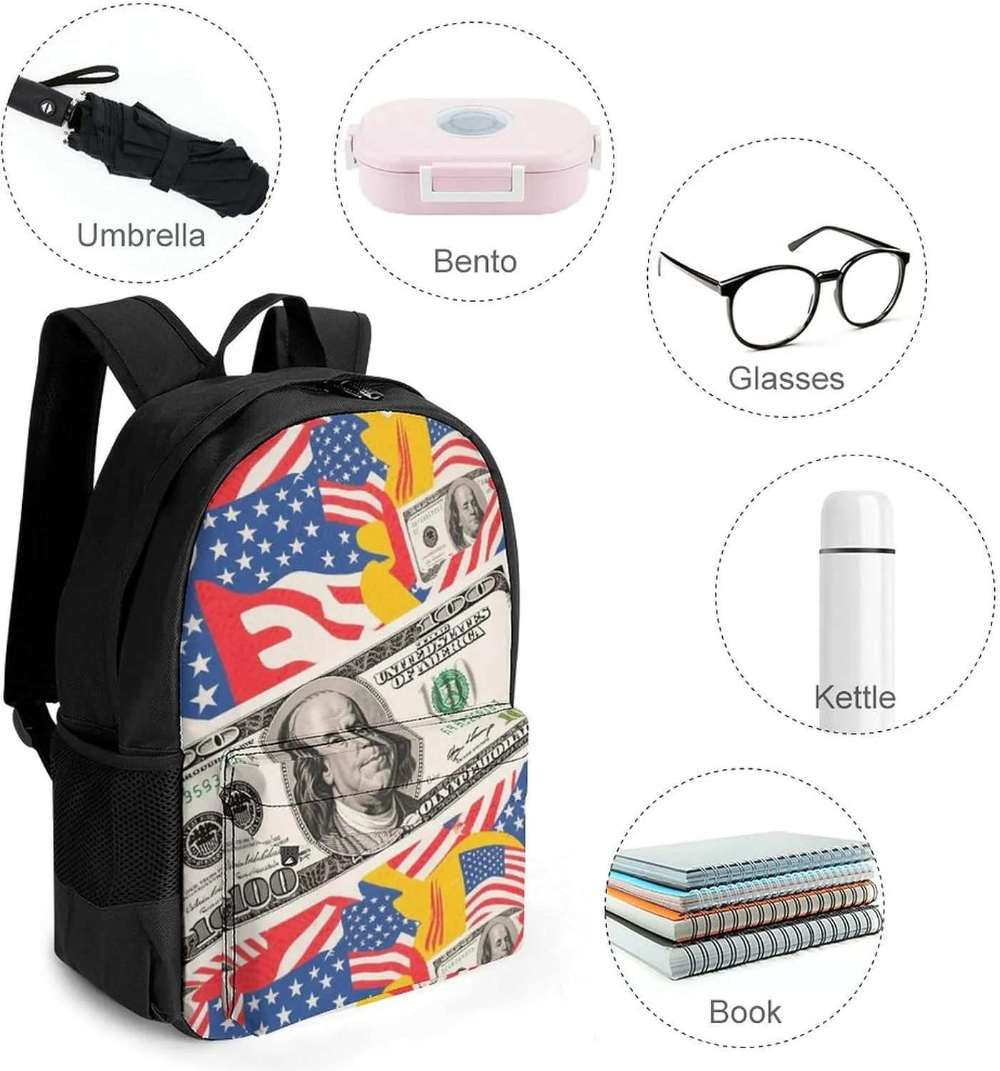 Men Women Polyester American Flag Money Colorful Bill Dollars Art Daypack Big Capacity Shoulder Bag With Adjustable Shoulder Straps for Camping Travel Walking Cycling