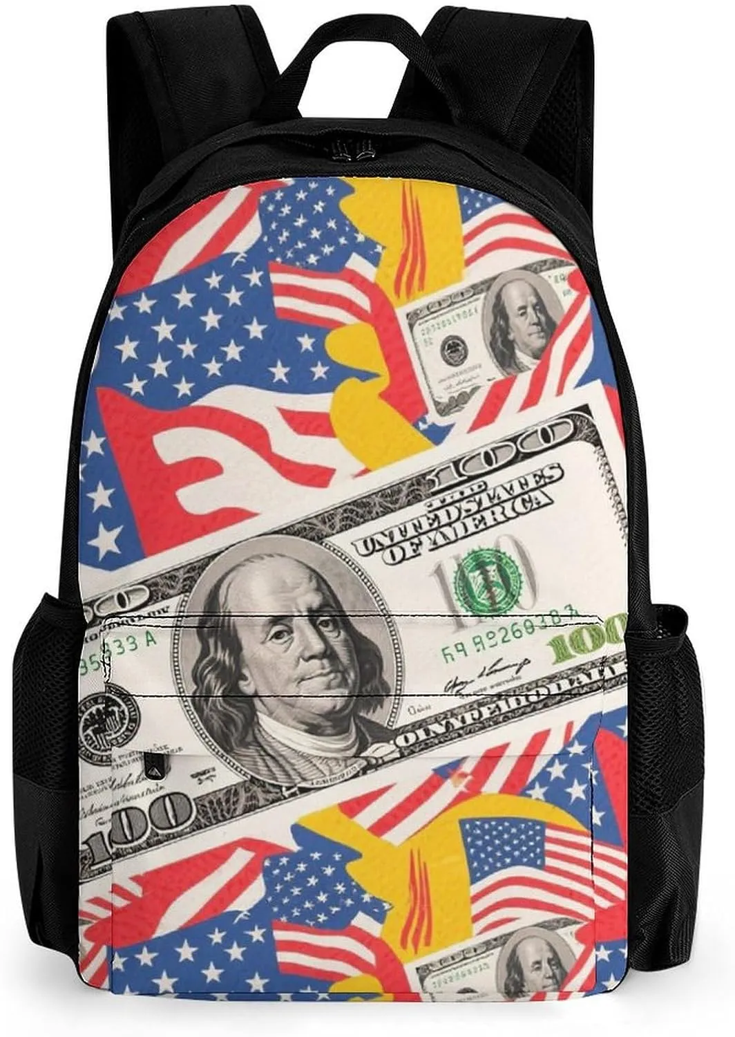 Men Women Polyester American Flag Money Colorful Bill Dollars Art Daypack Big Capacity Shoulder Bag With Adjustable Shoulder Straps for Camping Travel Walking Cycling
