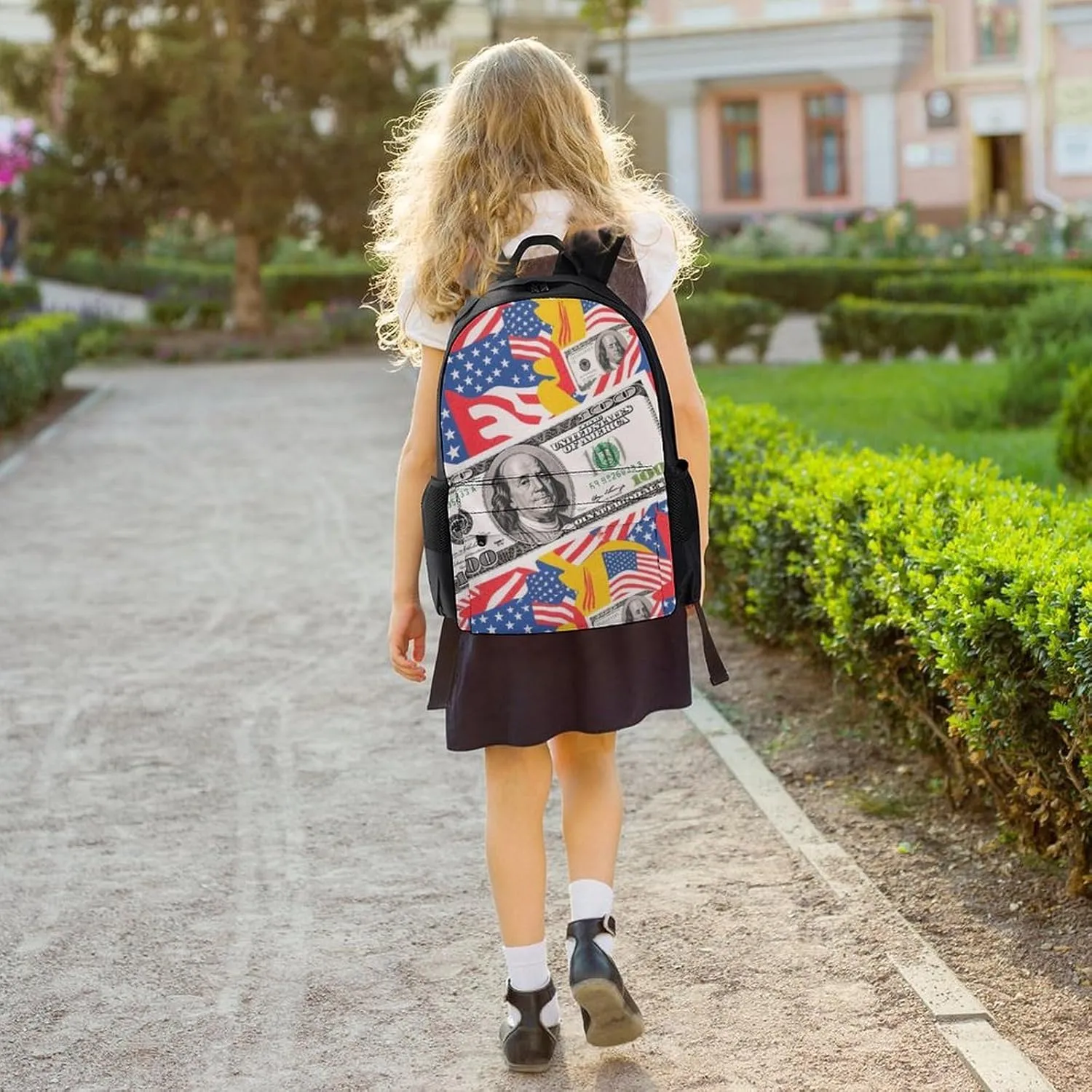 Men Women Polyester American Flag Money Colorful Bill Dollars Art Daypack Big Capacity Shoulder Bag With Adjustable Shoulder Straps for Camping Travel Walking Cycling