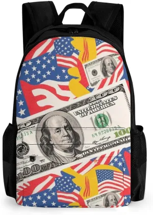 Men Women Polyester American Flag Money Colorful Bill Dollars Art Daypack Big Capacity Shoulder Bag With Adjustable Shoulder Straps for Camping Travel Walking Cycling