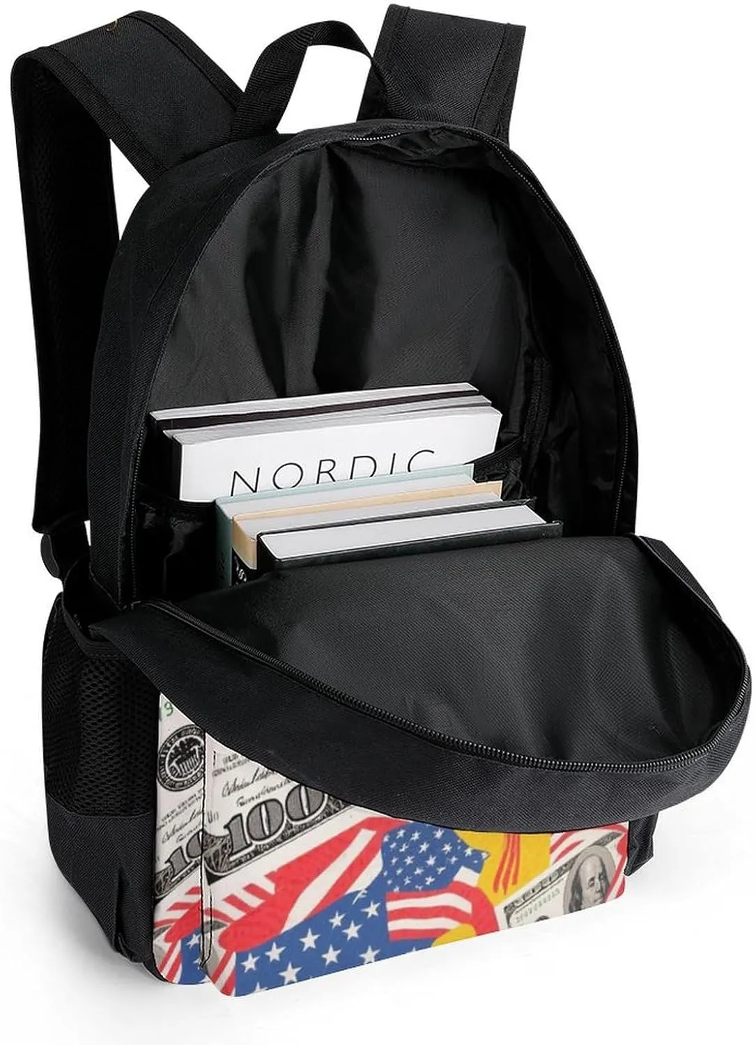 Men Women Polyester American Flag Money Colorful Bill Dollars Art Daypack Big Capacity Shoulder Bag With Adjustable Shoulder Straps for Camping Travel Walking Cycling