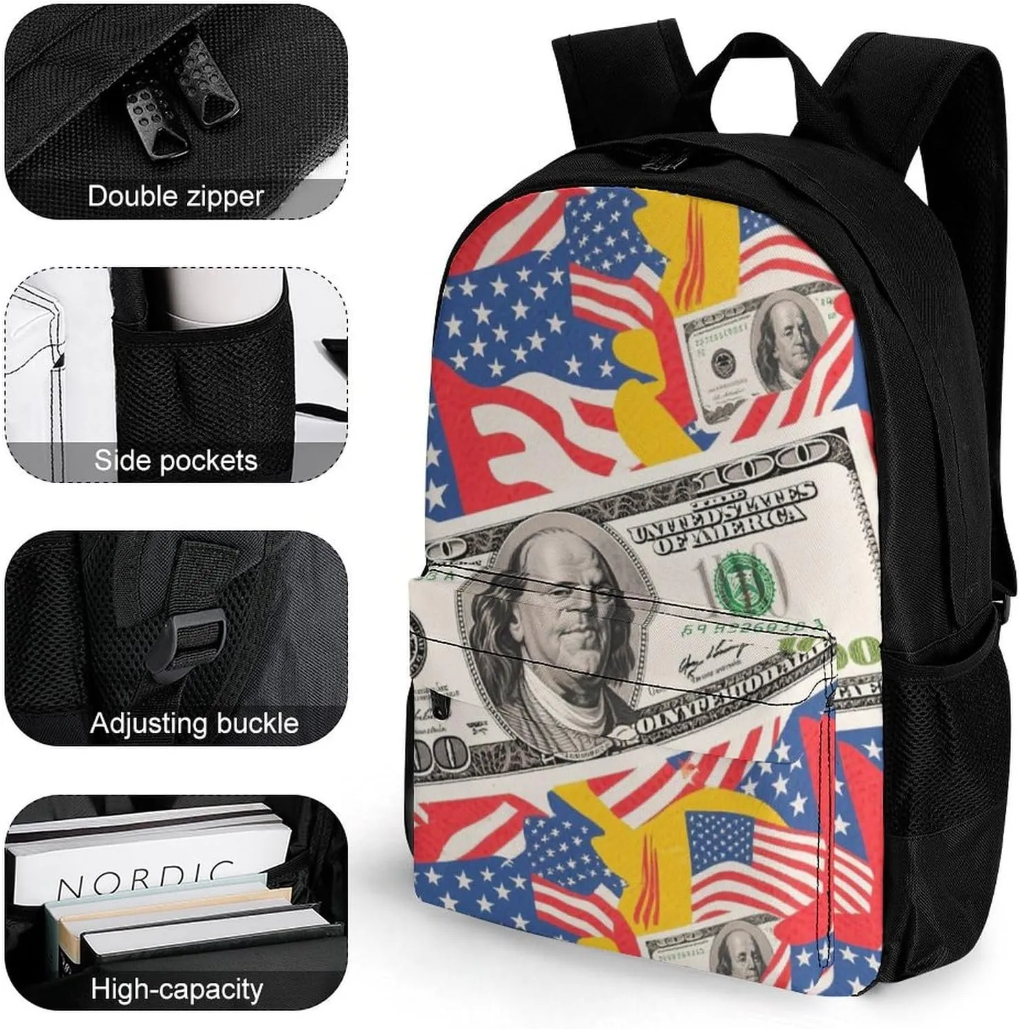 Men Women Polyester American Flag Money Colorful Bill Dollars Art Daypack Big Capacity Shoulder Bag With Adjustable Shoulder Straps for Camping Travel Walking Cycling