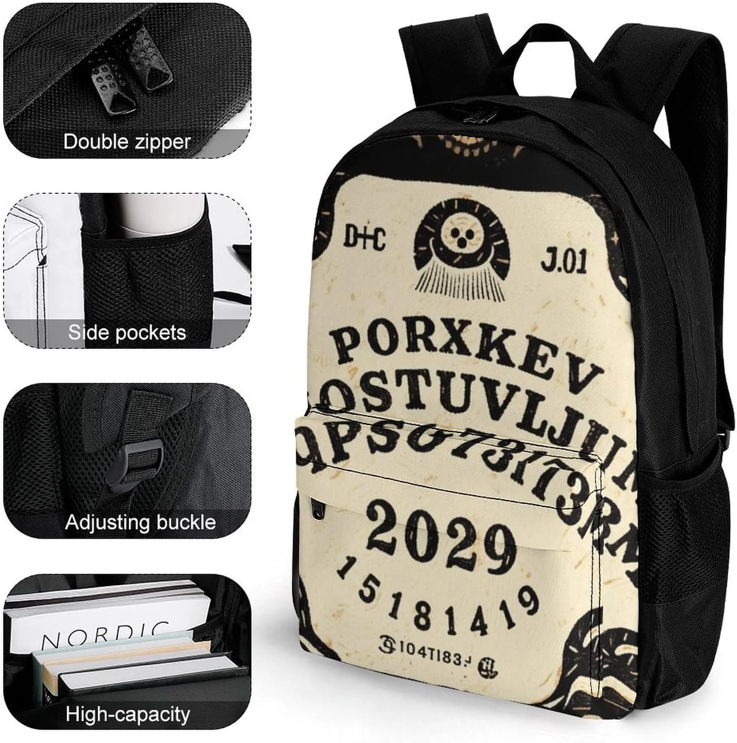 Men Women Polyester Ancient Witch Magic Spirit Board Art Daypack Big Capacity Shoulder Bag With Smooth Zippers for Hiking Work Walking Cycling