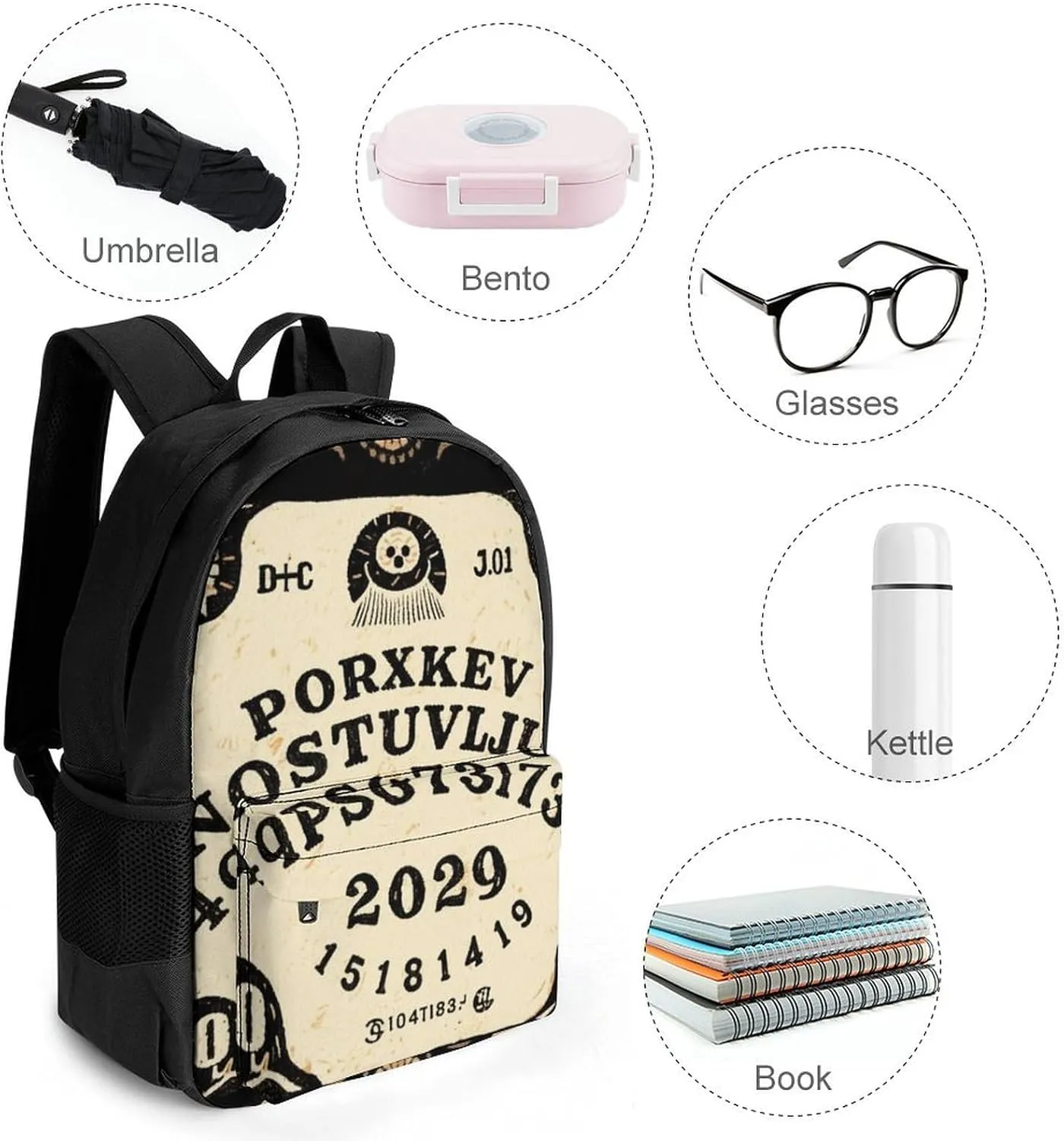 Men Women Polyester Ancient Witch Magic Spirit Board Art Daypack Big Capacity Shoulder Bag With Smooth Zippers for Hiking Work Walking Cycling