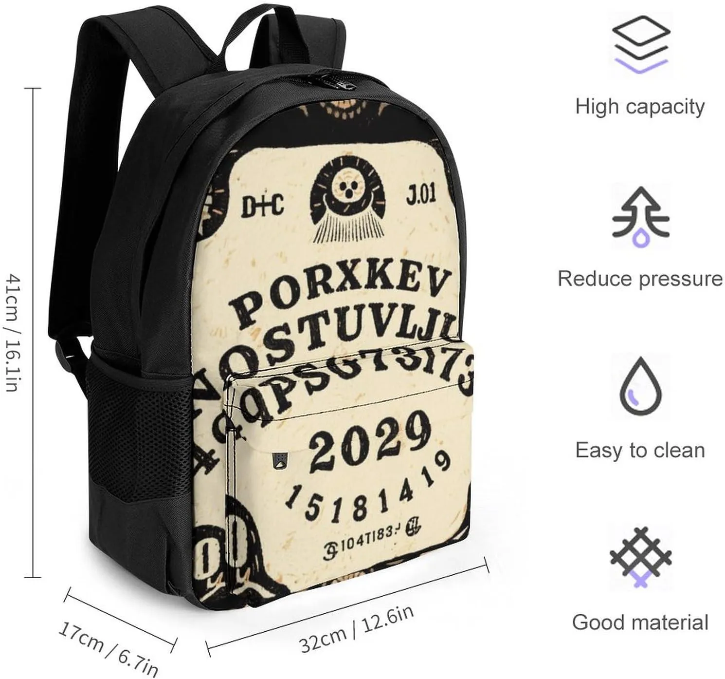 Men Women Polyester Ancient Witch Magic Spirit Board Art Daypack Big Capacity Shoulder Bag With Smooth Zippers for Hiking Work Walking Cycling