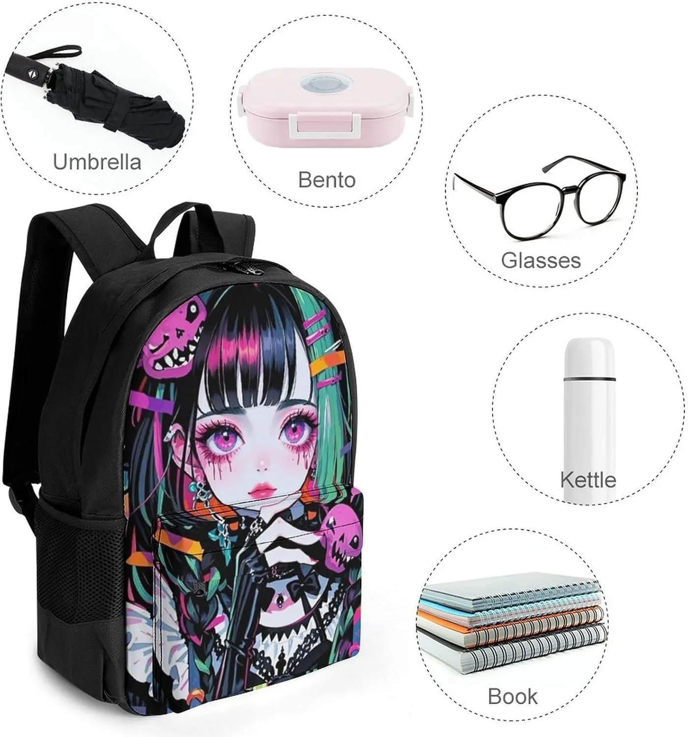 Men Women Polyester Beautiful Gothic Woman Neon Art Daypack Big Capacity Shoulder Bag With Smooth Zippers for Hiking Work Walking Cycling
