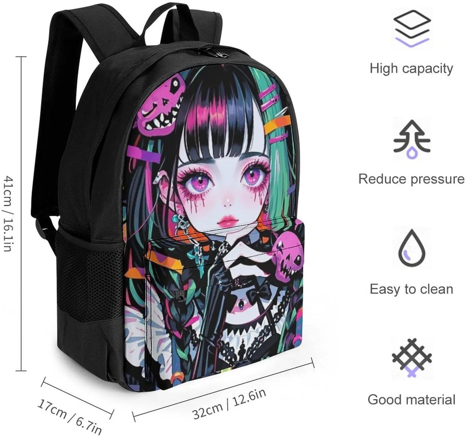 Men Women Polyester Beautiful Gothic Woman Neon Art Daypack Big Capacity Shoulder Bag With Smooth Zippers for Hiking Work Walking Cycling
