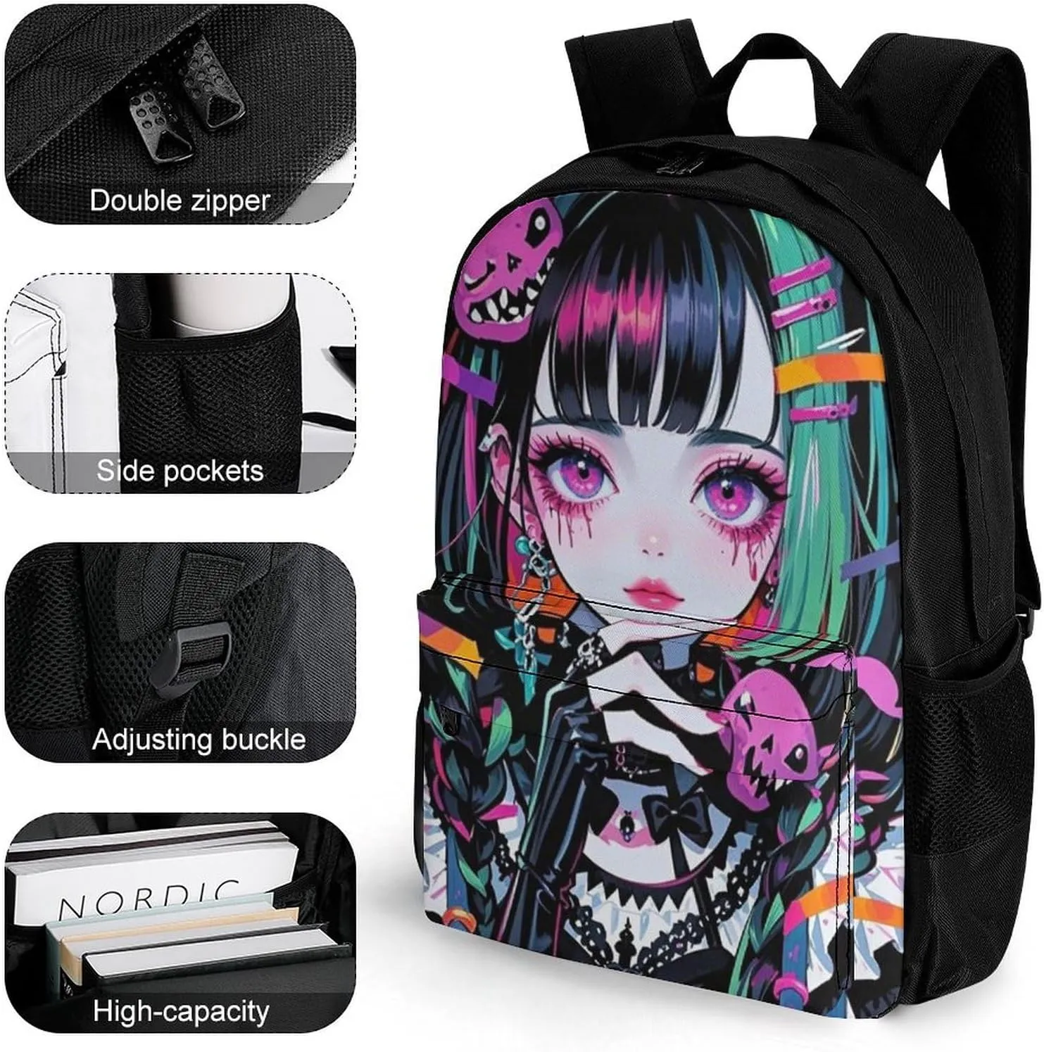 Men Women Polyester Beautiful Gothic Woman Neon Art Daypack Big Capacity Shoulder Bag With Smooth Zippers for Hiking Work Walking Cycling