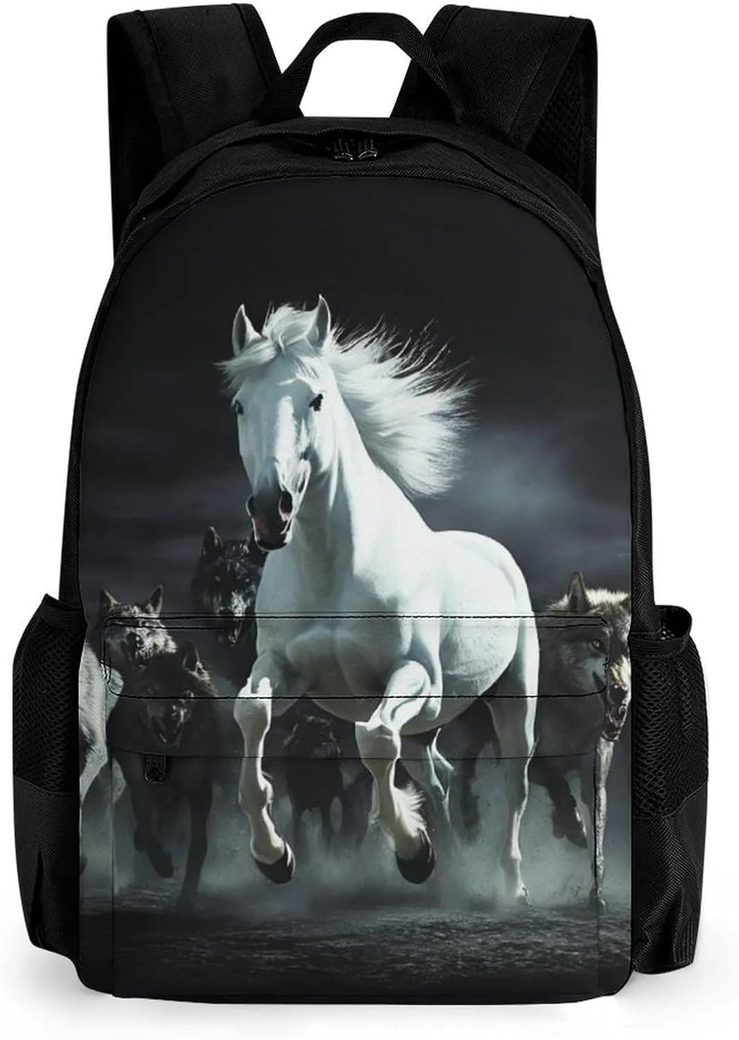 Men Women Polyester Black And White Running Wild Horse Wolves Daypack Big Capacity Shoulder Bag With Smooth Zippers for Hiking Work Walking Cycling