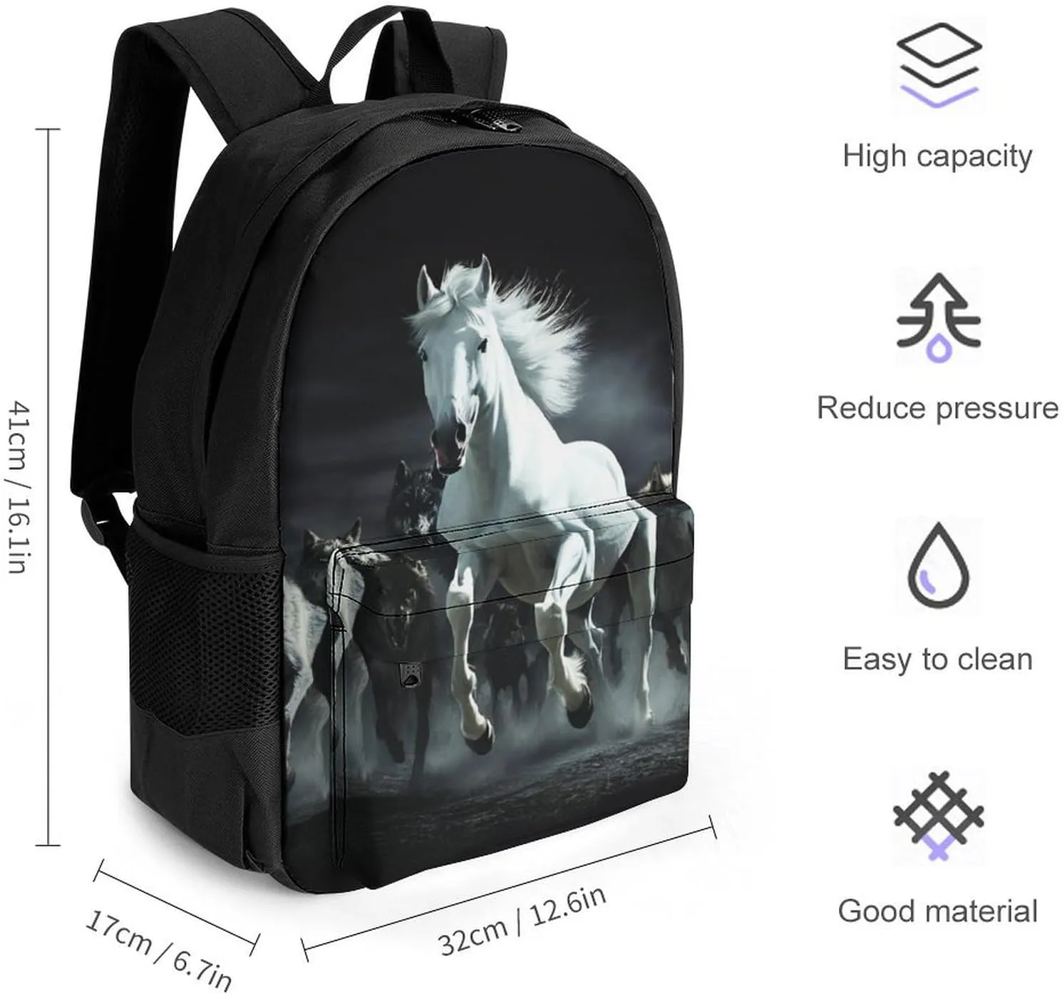 Men Women Polyester Black And White Running Wild Horse Wolves Daypack Big Capacity Shoulder Bag With Smooth Zippers for Hiking Work Walking Cycling