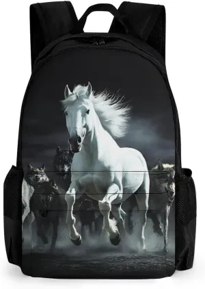 Men Women Polyester Black And White Running Wild Horse Wolves Daypack Big Capacity Shoulder Bag With Smooth Zippers for Hiking Work Walking Cycling