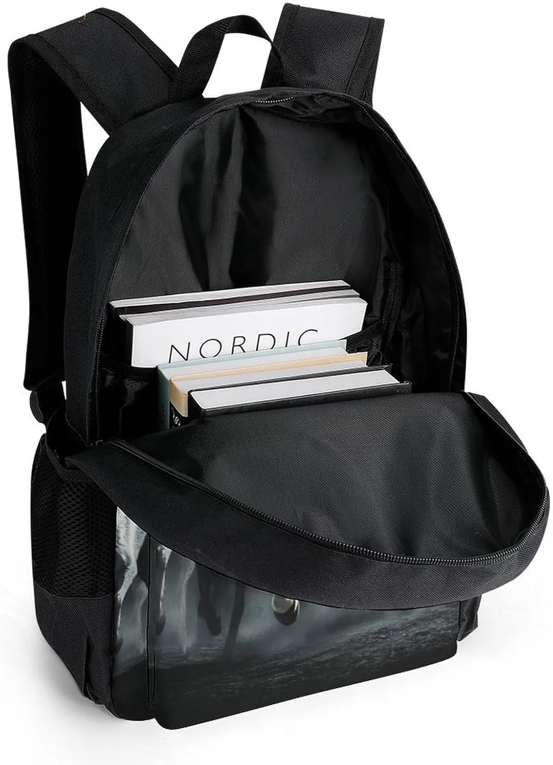 Men Women Polyester Black And White Running Wild Horse Wolves Daypack Big Capacity Shoulder Bag With Smooth Zippers for Hiking Work Walking Cycling