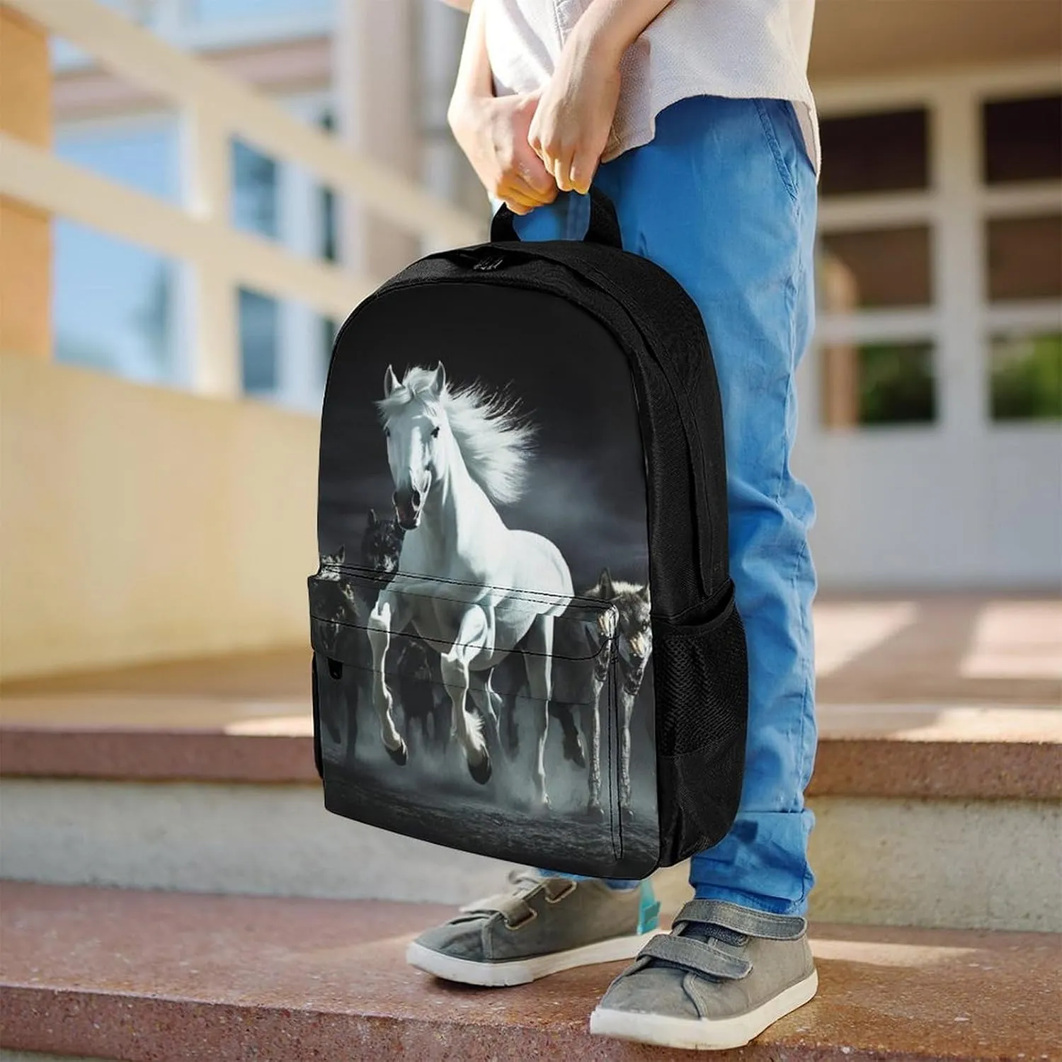 Men Women Polyester Black And White Running Wild Horse Wolves Daypack Big Capacity Shoulder Bag With Smooth Zippers for Hiking Work Walking Cycling