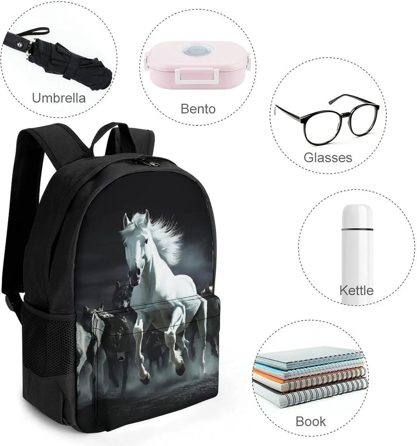 Men Women Polyester Black And White Running Wild Horse Wolves Daypack Big Capacity Shoulder Bag With Smooth Zippers for Hiking Work Walking Cycling