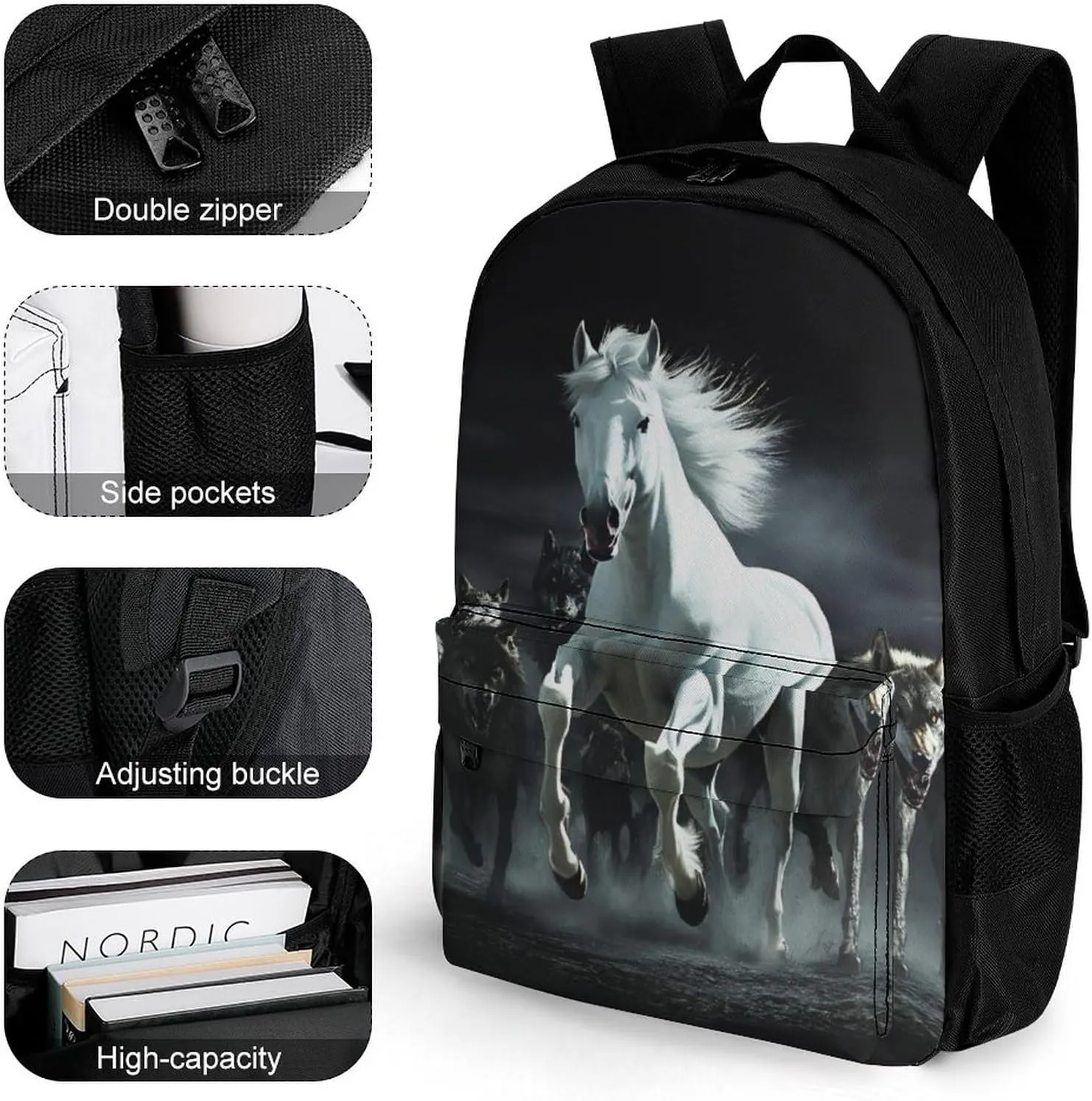 Men Women Polyester Black And White Running Wild Horse Wolves Daypack Big Capacity Shoulder Bag With Smooth Zippers for Hiking Work Walking Cycling