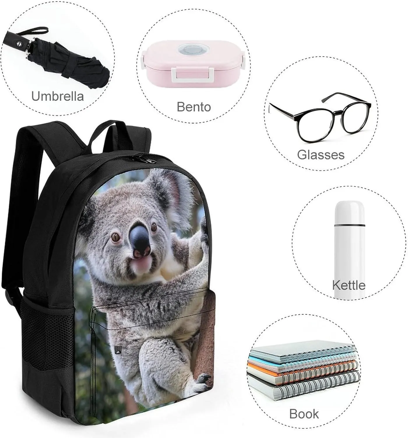 Men Women Polyester Cute Koala Bear Daypack Big Capacity Shoulder Bag With Smooth Zippers for Hiking Work Walking Cycling