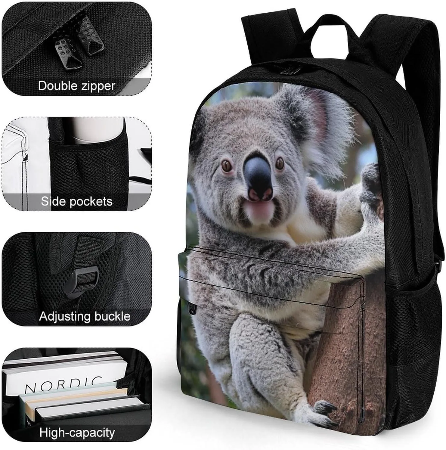 Men Women Polyester Cute Koala Bear Daypack Big Capacity Shoulder Bag With Smooth Zippers for Hiking Work Walking Cycling