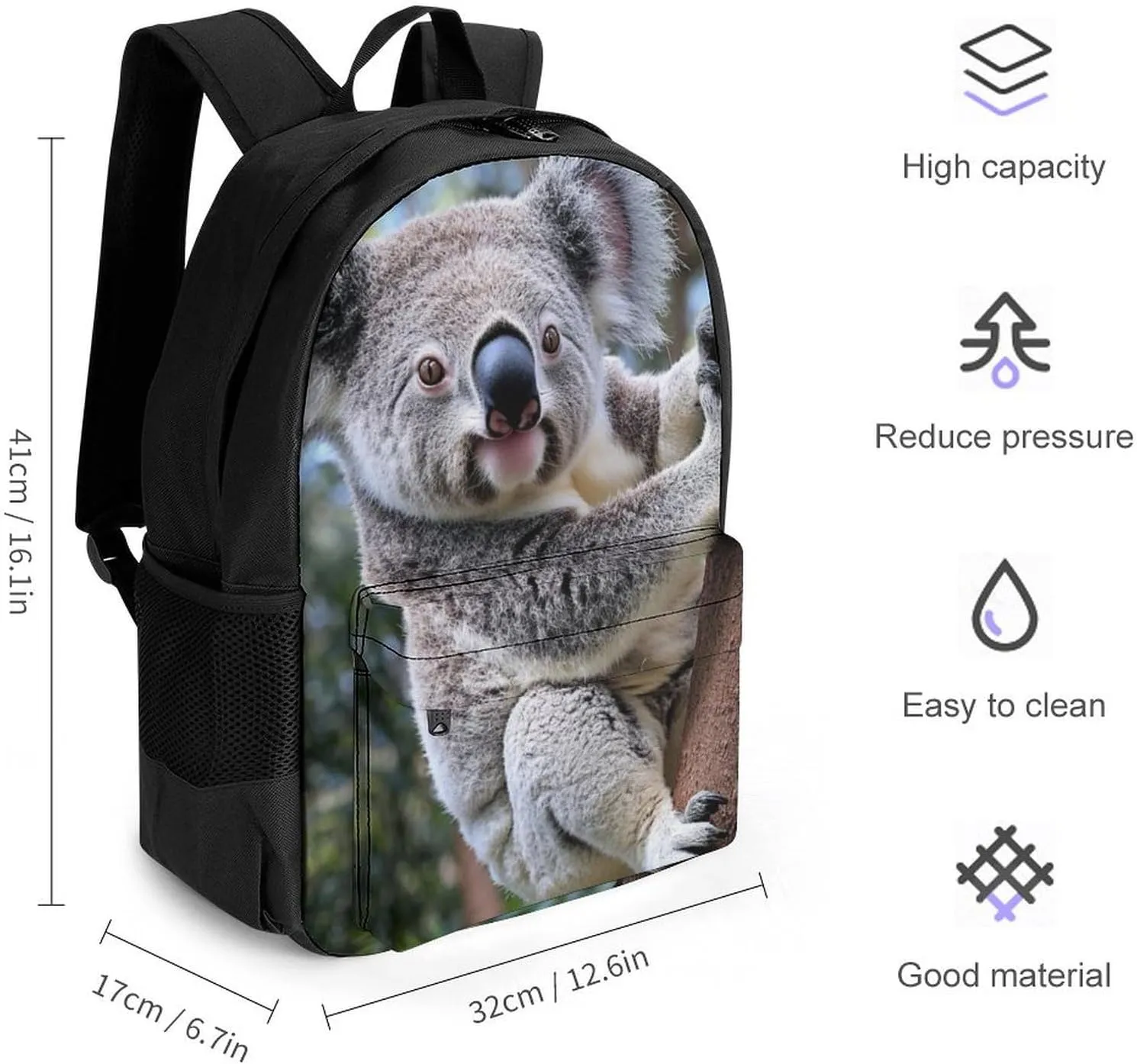 Men Women Polyester Cute Koala Bear Daypack Big Capacity Shoulder Bag With Smooth Zippers for Hiking Work Walking Cycling