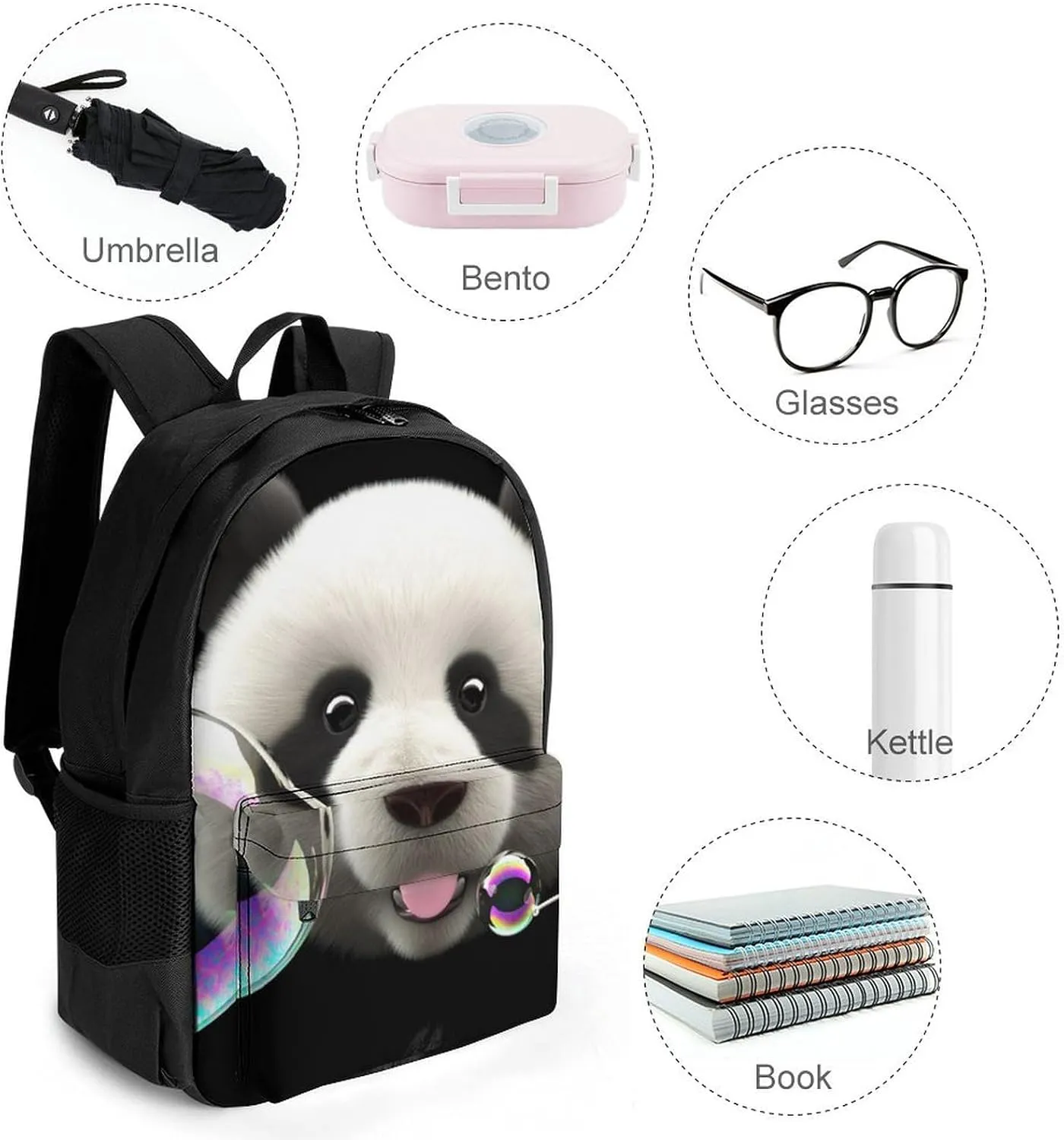 Men Women Polyester Cute Panda Colorful Bubble Art Daypack Big Capacity Shoulder Bag With Adjustable Shoulder Straps for Camping Travel Walking Cycling