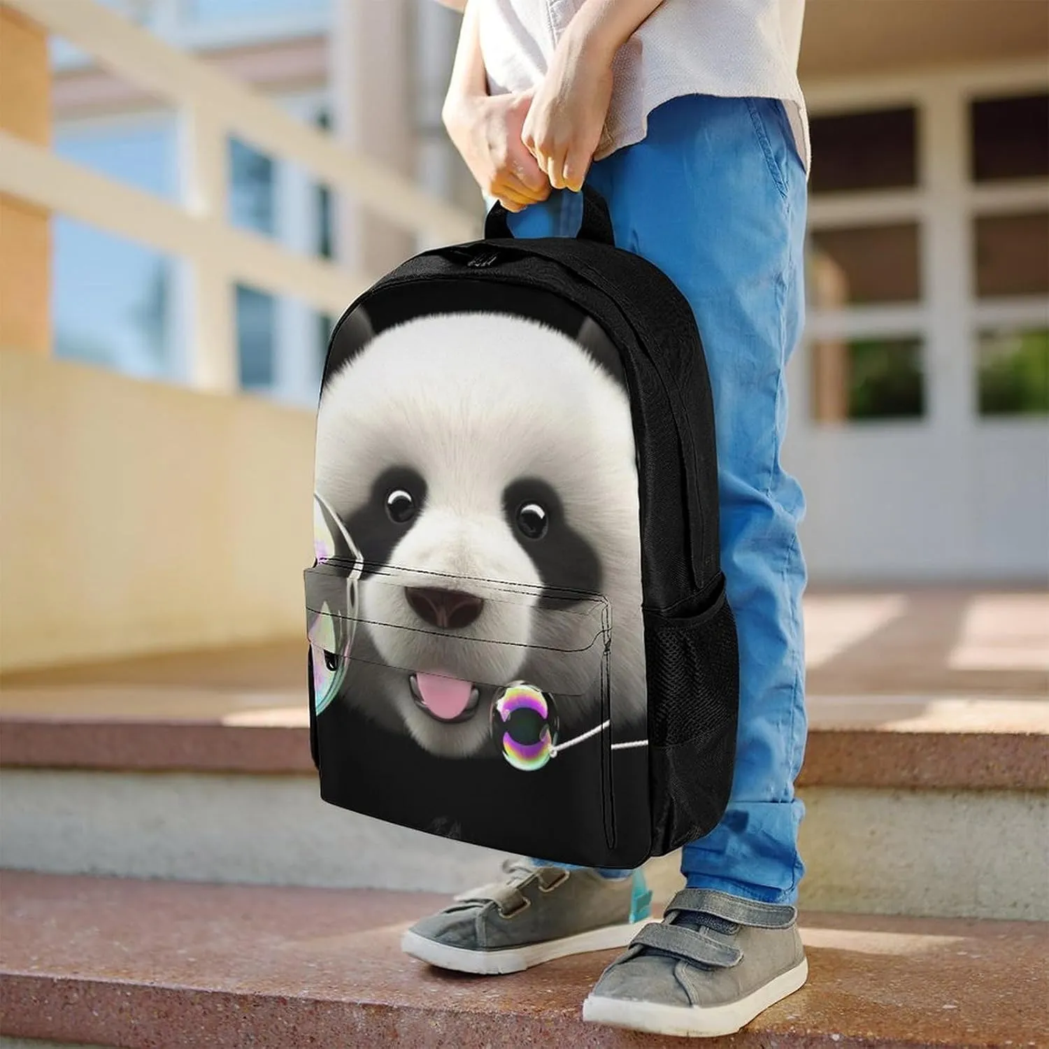 Men Women Polyester Cute Panda Colorful Bubble Art Daypack Big Capacity Shoulder Bag With Adjustable Shoulder Straps for Camping Travel Walking Cycling