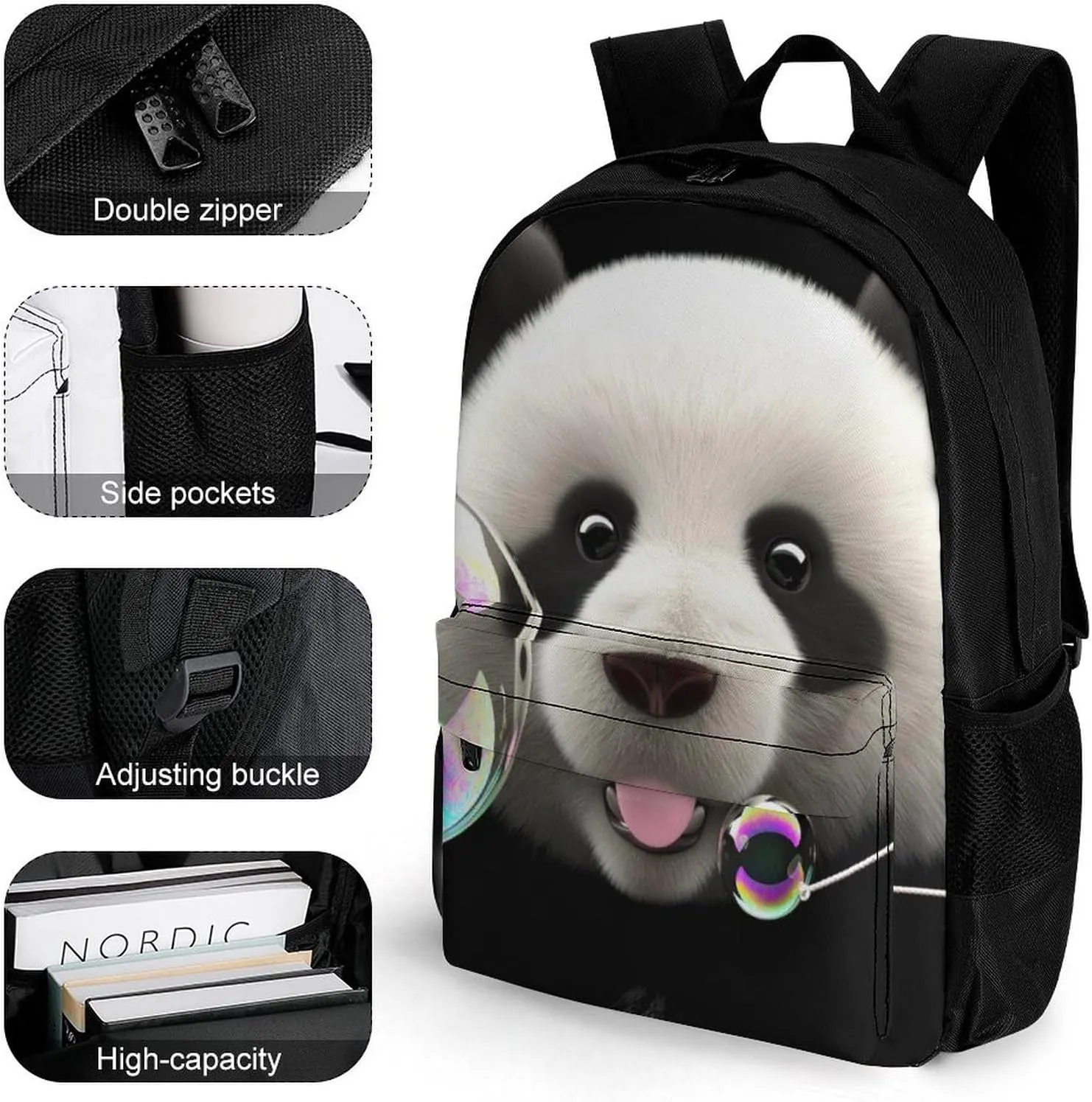 Men Women Polyester Cute Panda Colorful Bubble Art Daypack Big Capacity Shoulder Bag With Adjustable Shoulder Straps for Camping Travel Walking Cycling