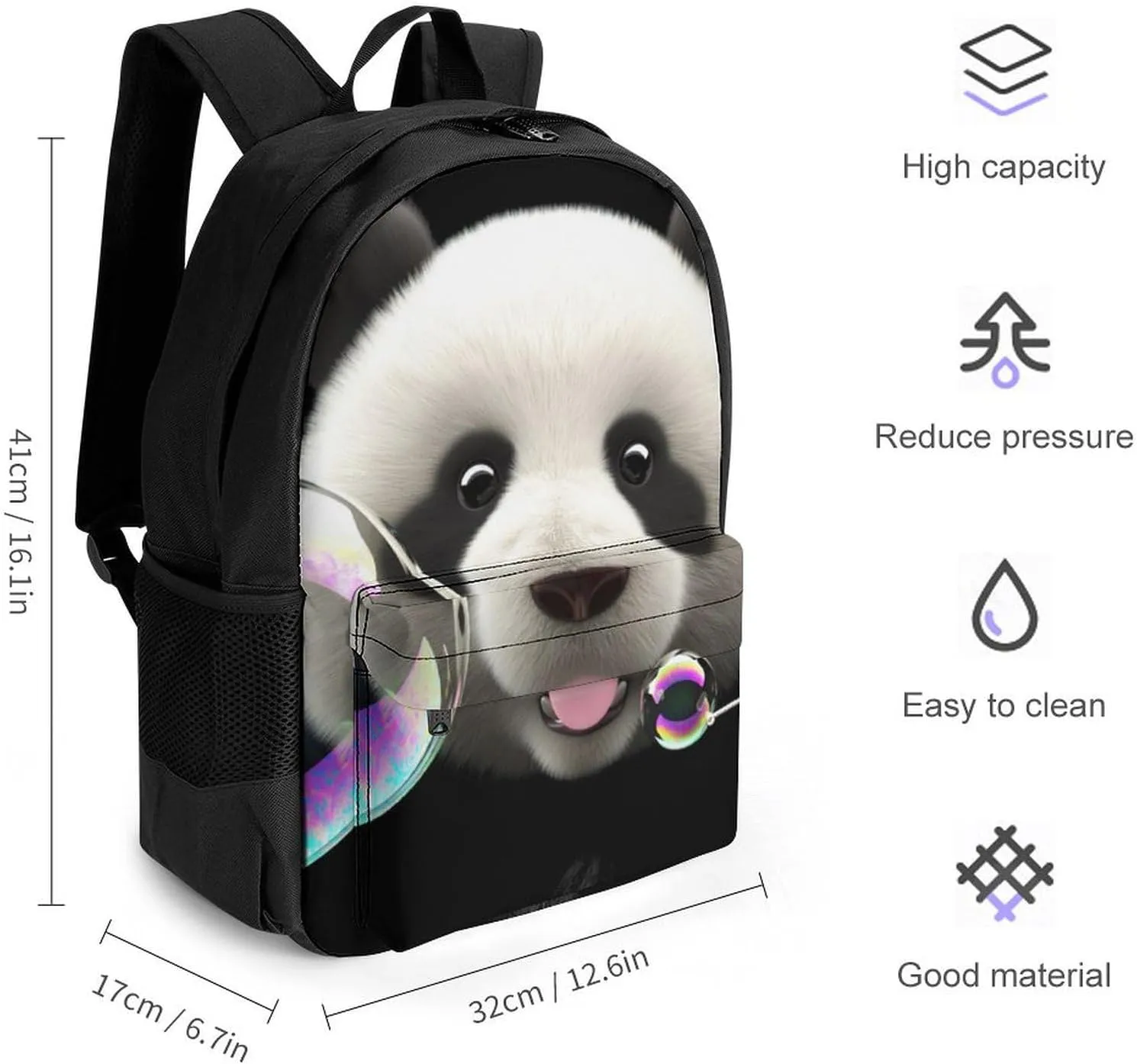 Men Women Polyester Cute Panda Colorful Bubble Art Daypack Big Capacity Shoulder Bag With Adjustable Shoulder Straps for Camping Travel Walking Cycling