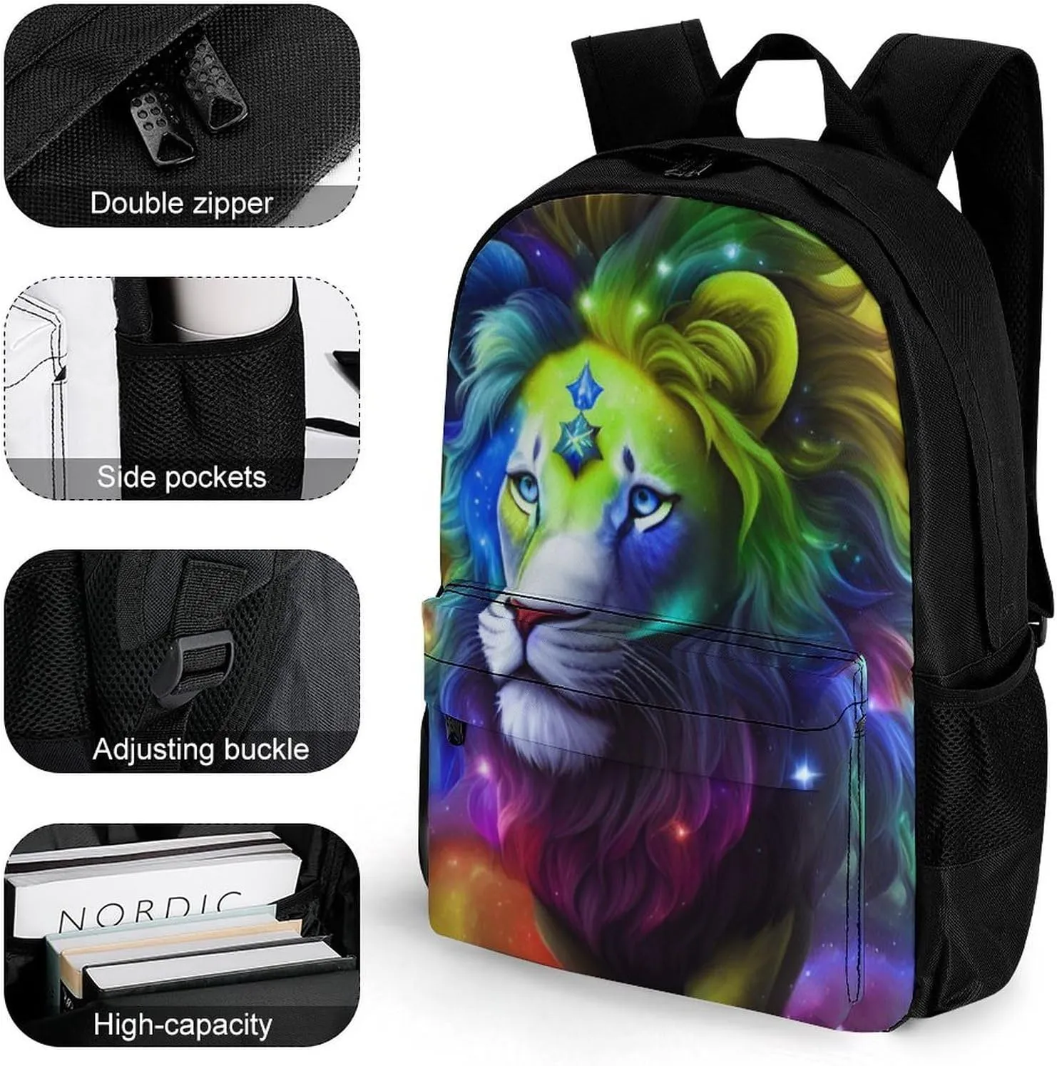 Men Women Polyester Galaxy Lion King Star Art Daypack Big Capacity Shoulder Bag With Adjustable Shoulder Straps for Camping Travel Walking Cycling