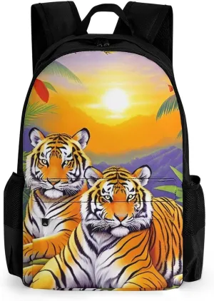 Men Women Polyester King Of The Tiger Tropical Rainforest Landscape Jungle Art Casual Daypack Large Capacity Carry On Bag With Adjustable Shoulder Straps for Camping Work Running