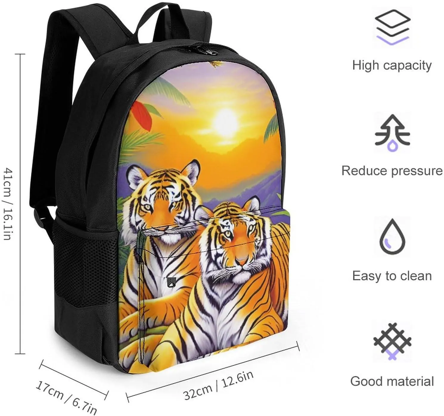 Men Women Polyester King Of The Tiger Tropical Rainforest Landscape Jungle Art Casual Daypack Large Capacity Carry On Bag With Adjustable Shoulder Straps for Camping Work Running
